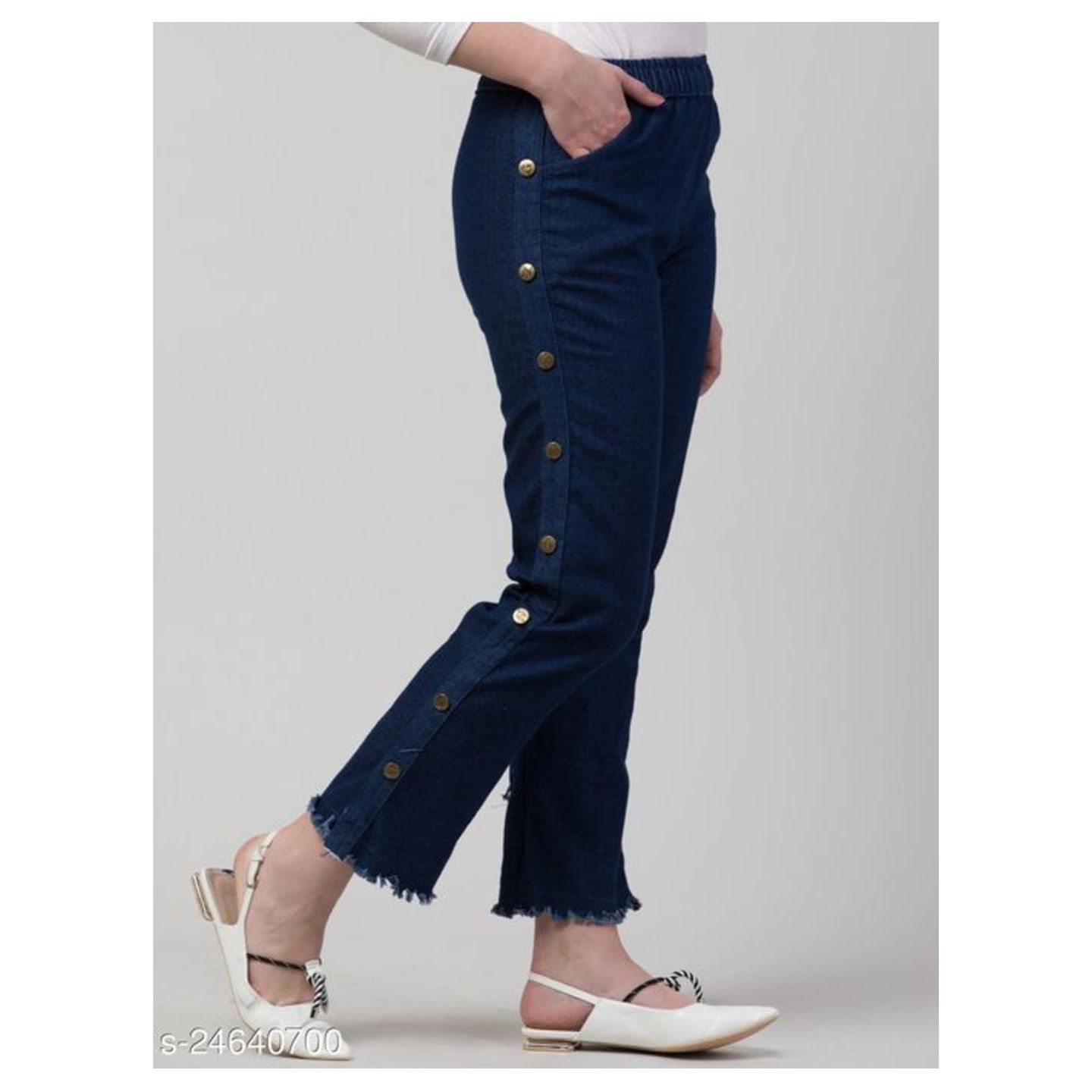 Maniere Creations Dark Blue Side Buttoned Joggers Jeans For Wome