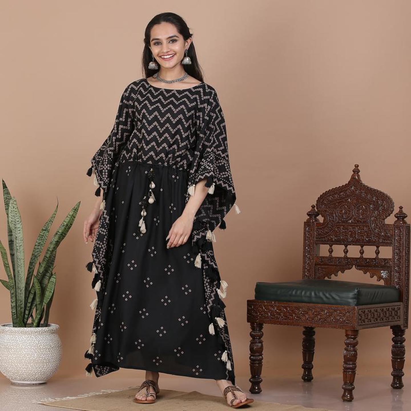 Black Bandhani Printed Kaftan Dress