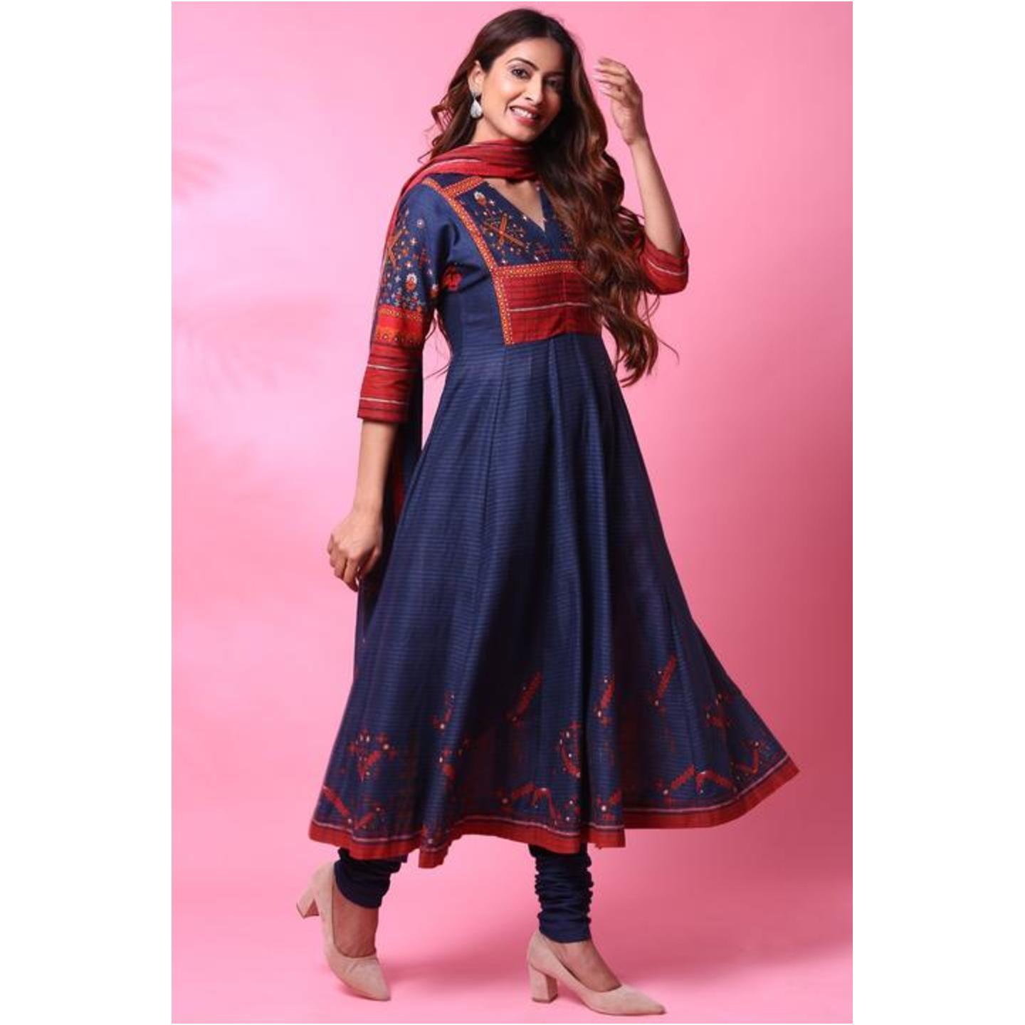 Blue Cotton Anarkali Suit Set, Combines Kurta, Churidar & Dupatta