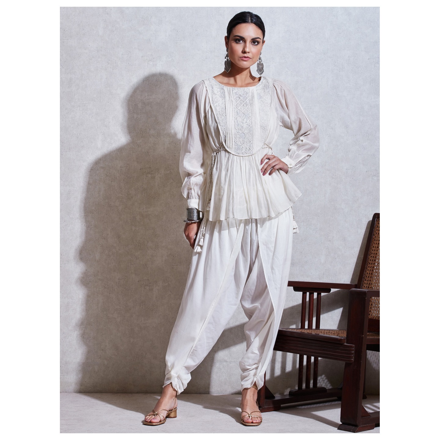 Ivory Embroidered Chanderi Kurti with Tie-Up