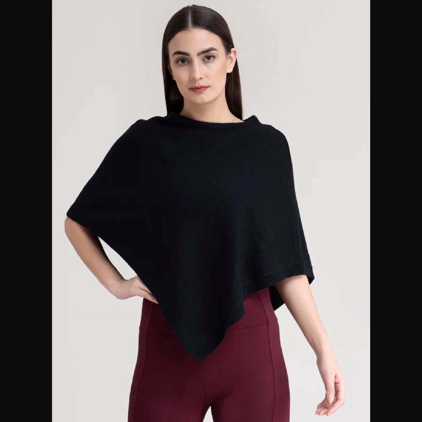 Boat Neck Knit Poncho - Black