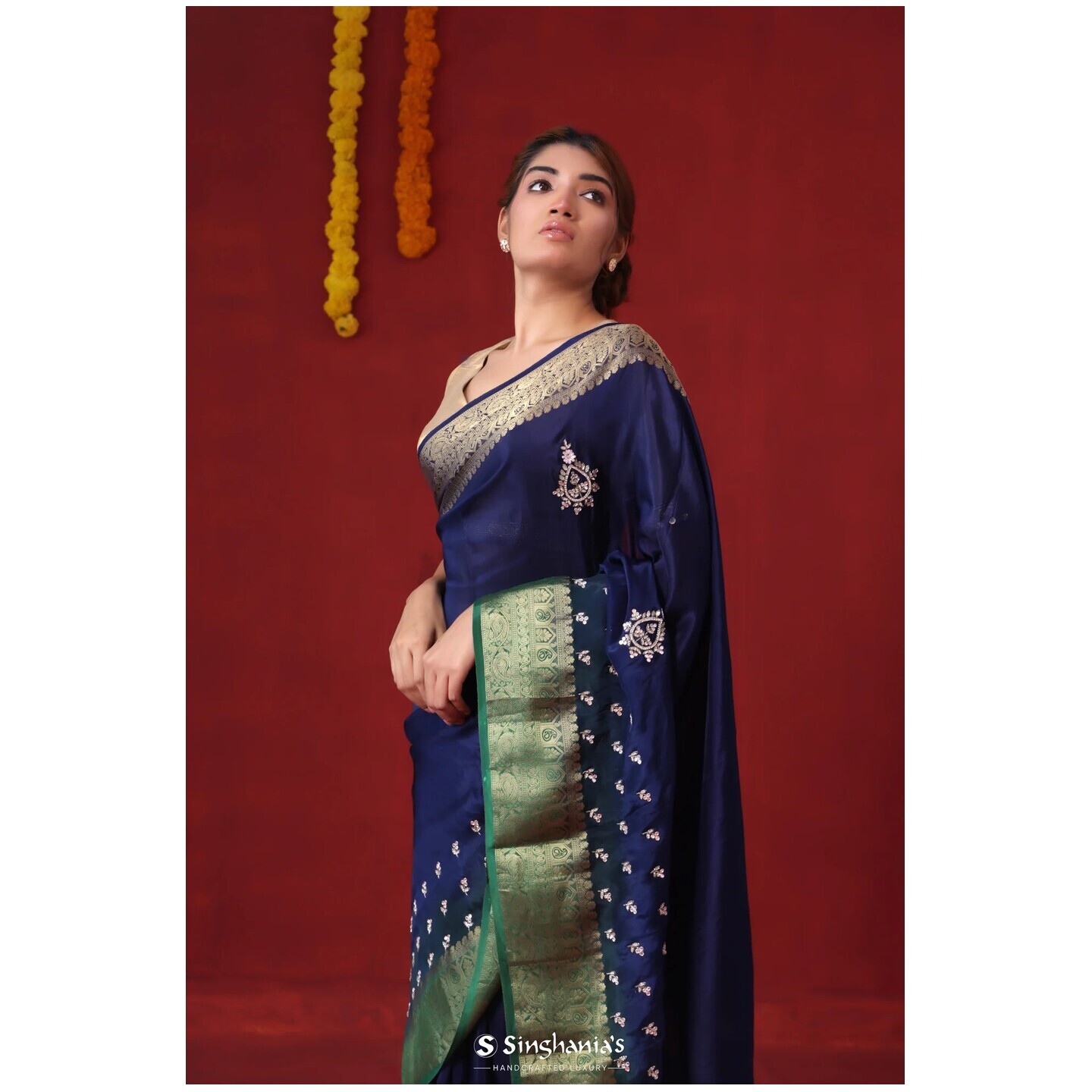 Navy Blue Embroidery Modal Satin Saree With Contrast Pallu 