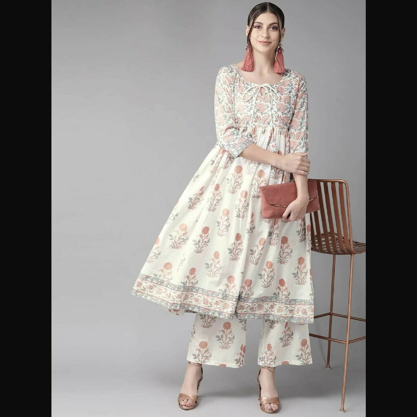 Womens White & Rust Red Printed Anarkali Kurta - AKS