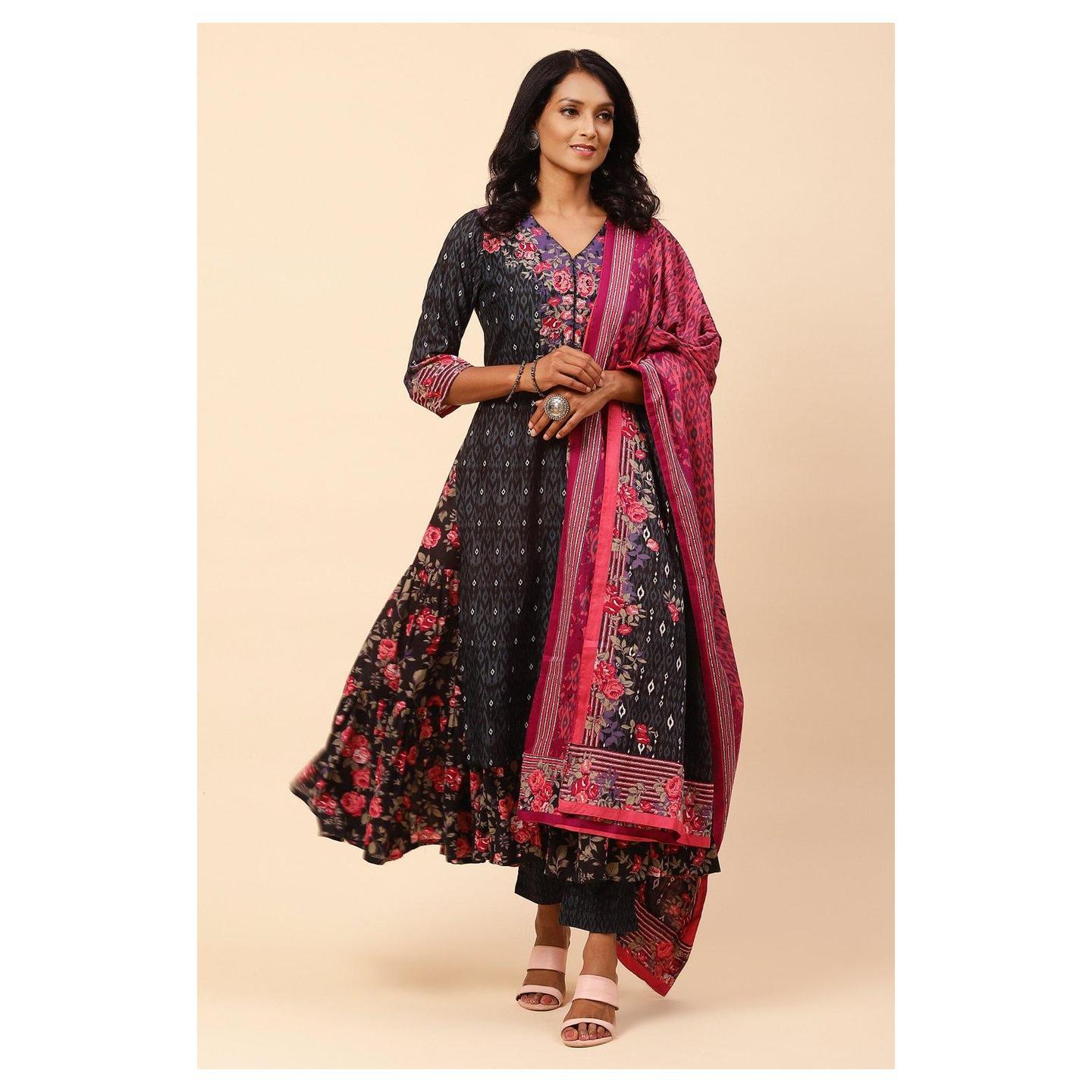 Black Cotton Double Layered Suit Set With Reversible Dupatta