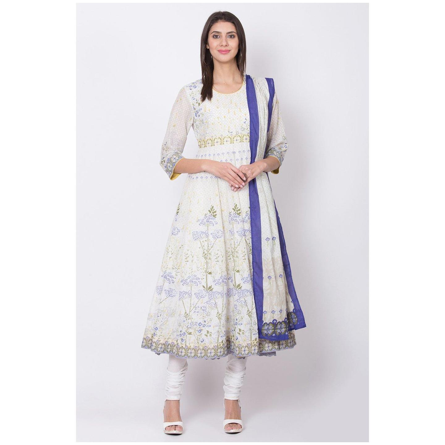 Off White Cotton Anarkali Suit Set