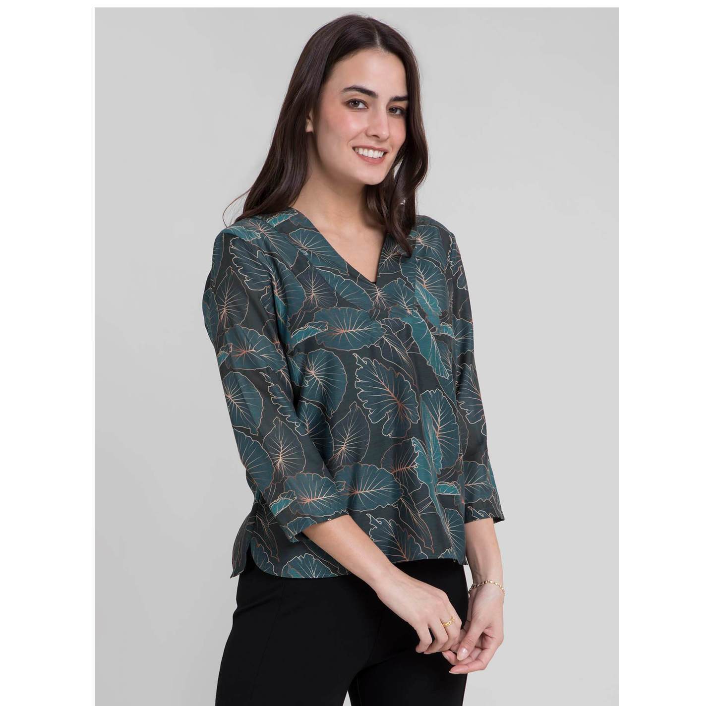 V Neck Tropical Print Top - Green & Gold