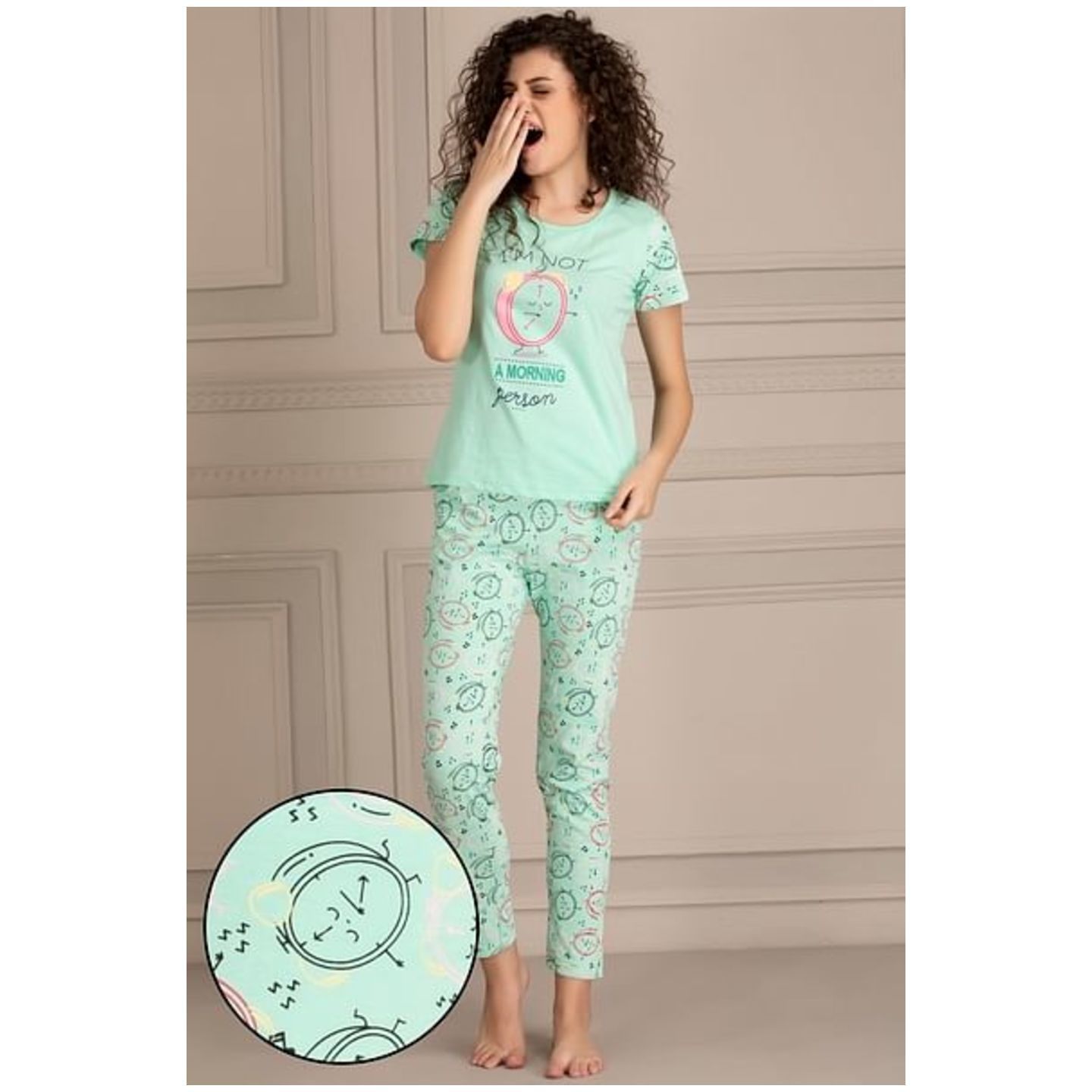 Quirky Print Top & Pyjama Set in Mint Green - 100 Cotton