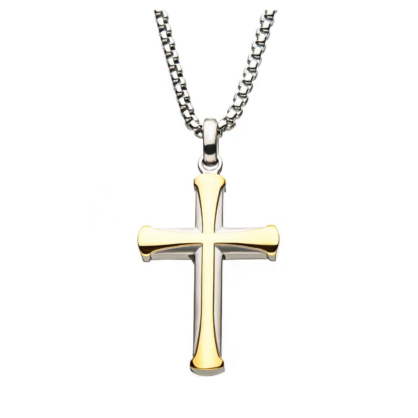 Gold and Silver Stainless Steel Apostle Religious Cross Pendant with Chain Chain Length: 24 Inch