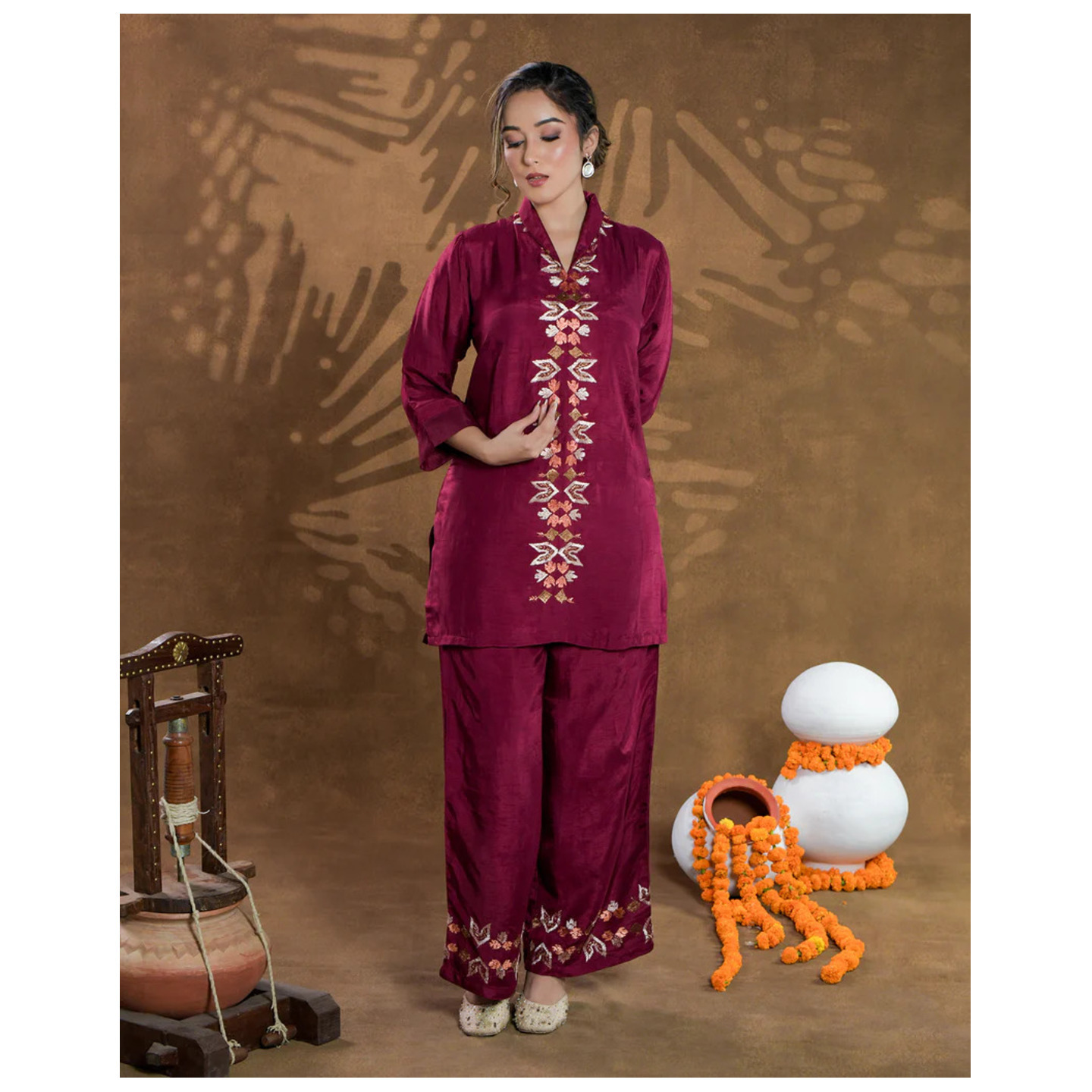 Pure Silk Hand Embroidered Phulkari Coord Set - Rich Maroon