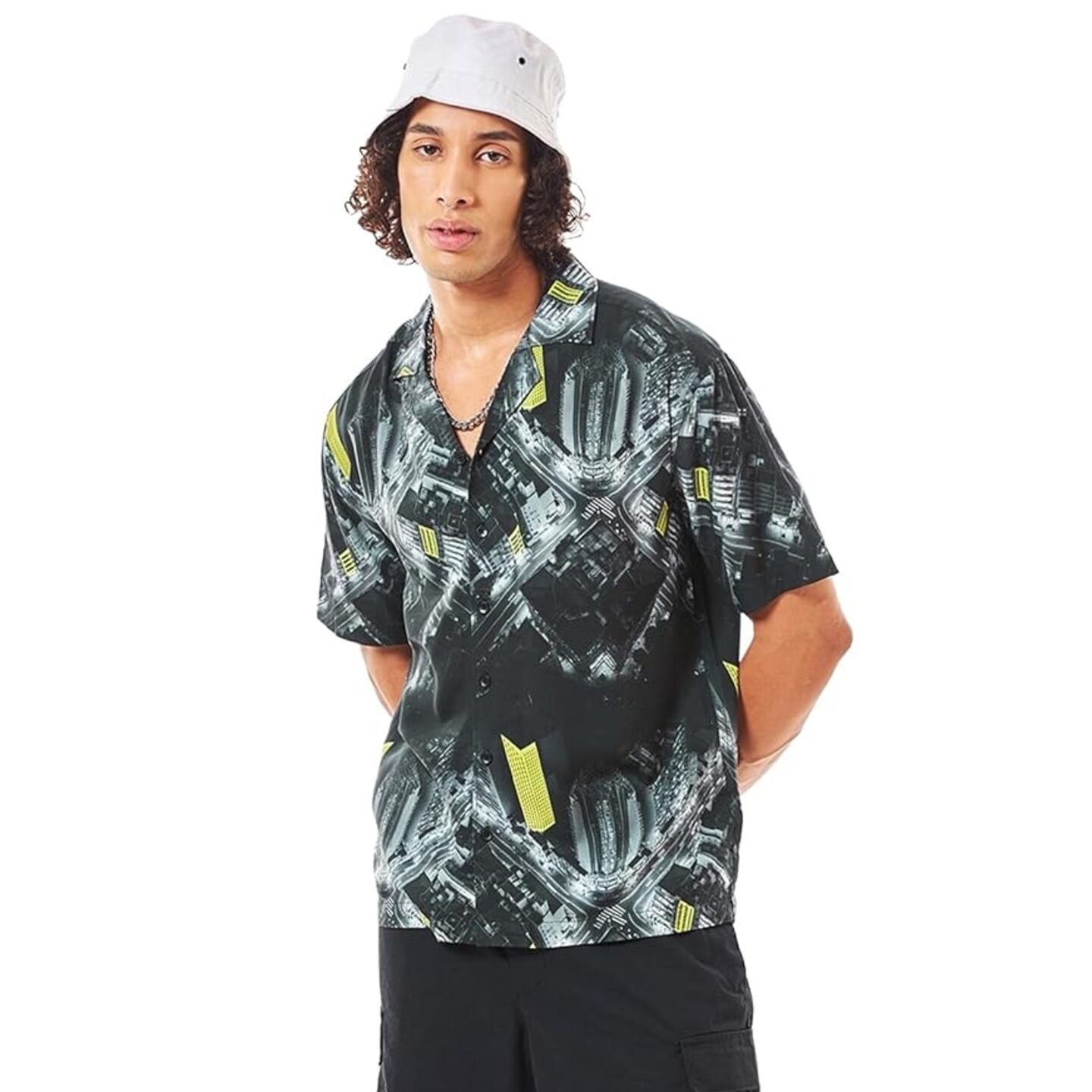 Bewakoof Men's All Over Printed Oversized Fit Half Sleeve Resort Collar Rayon Shirt 