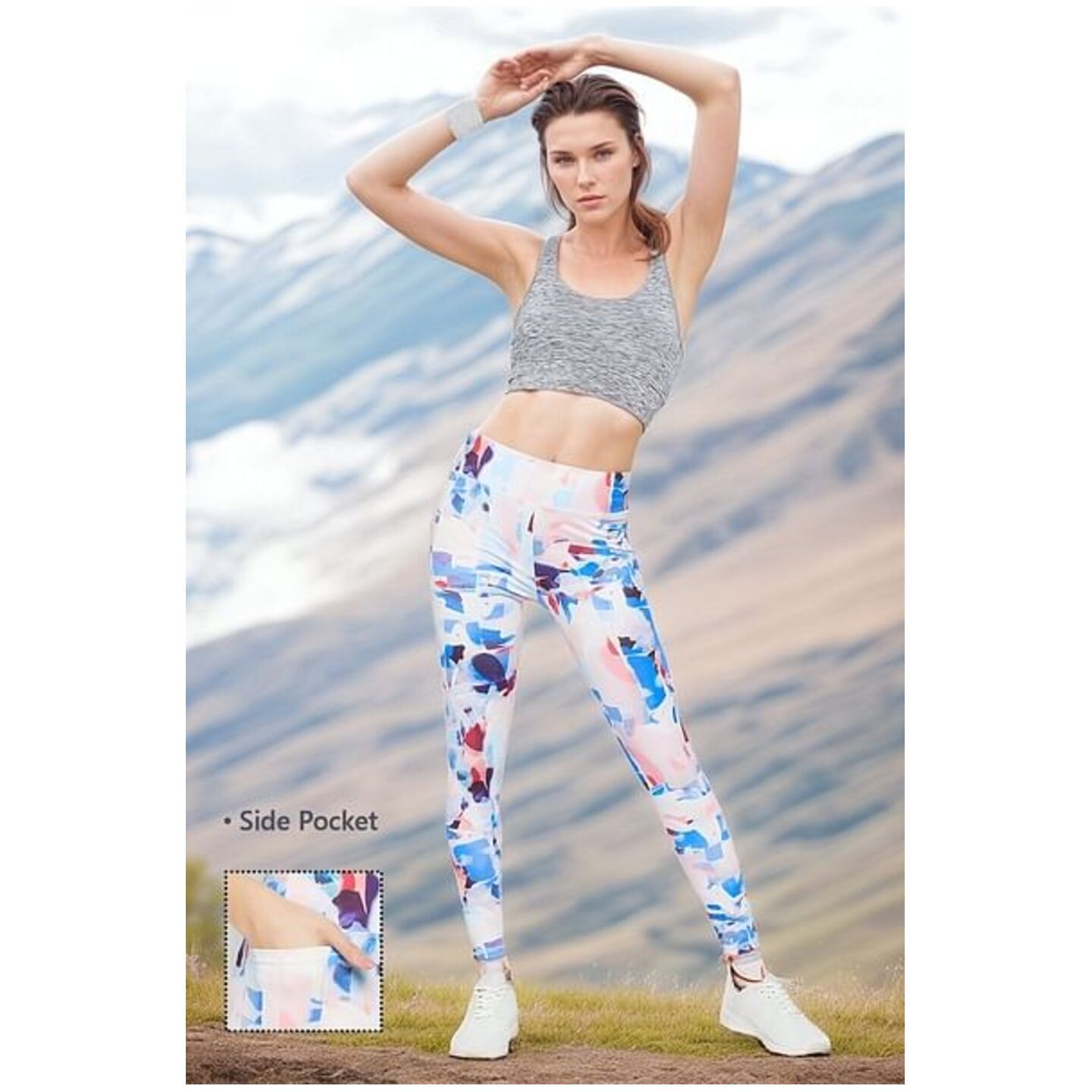 Low-Rise Abstract Print Active Tights in Multicolour with Side Pocket 