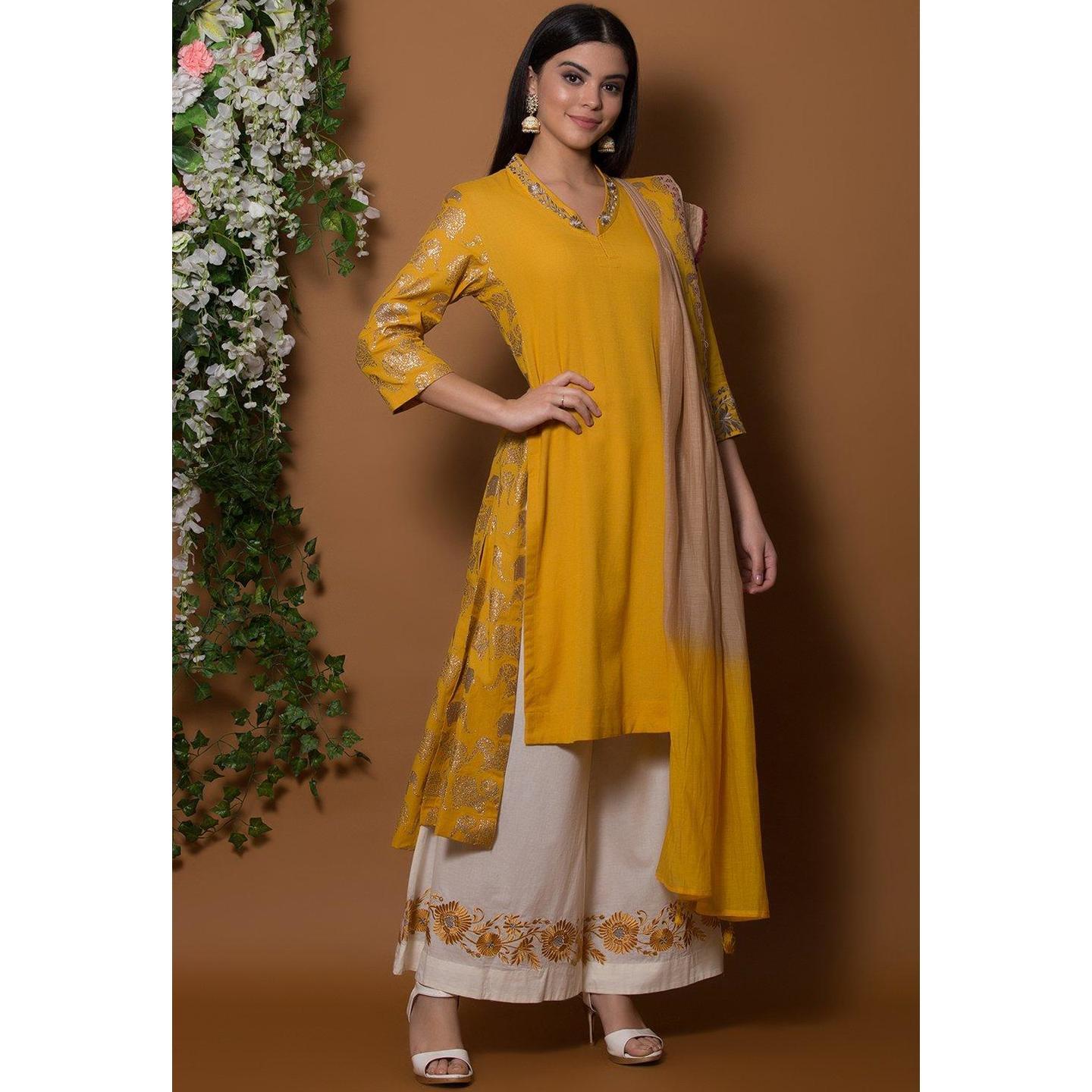 Mustard Cotton Flax A Line Suit Set 