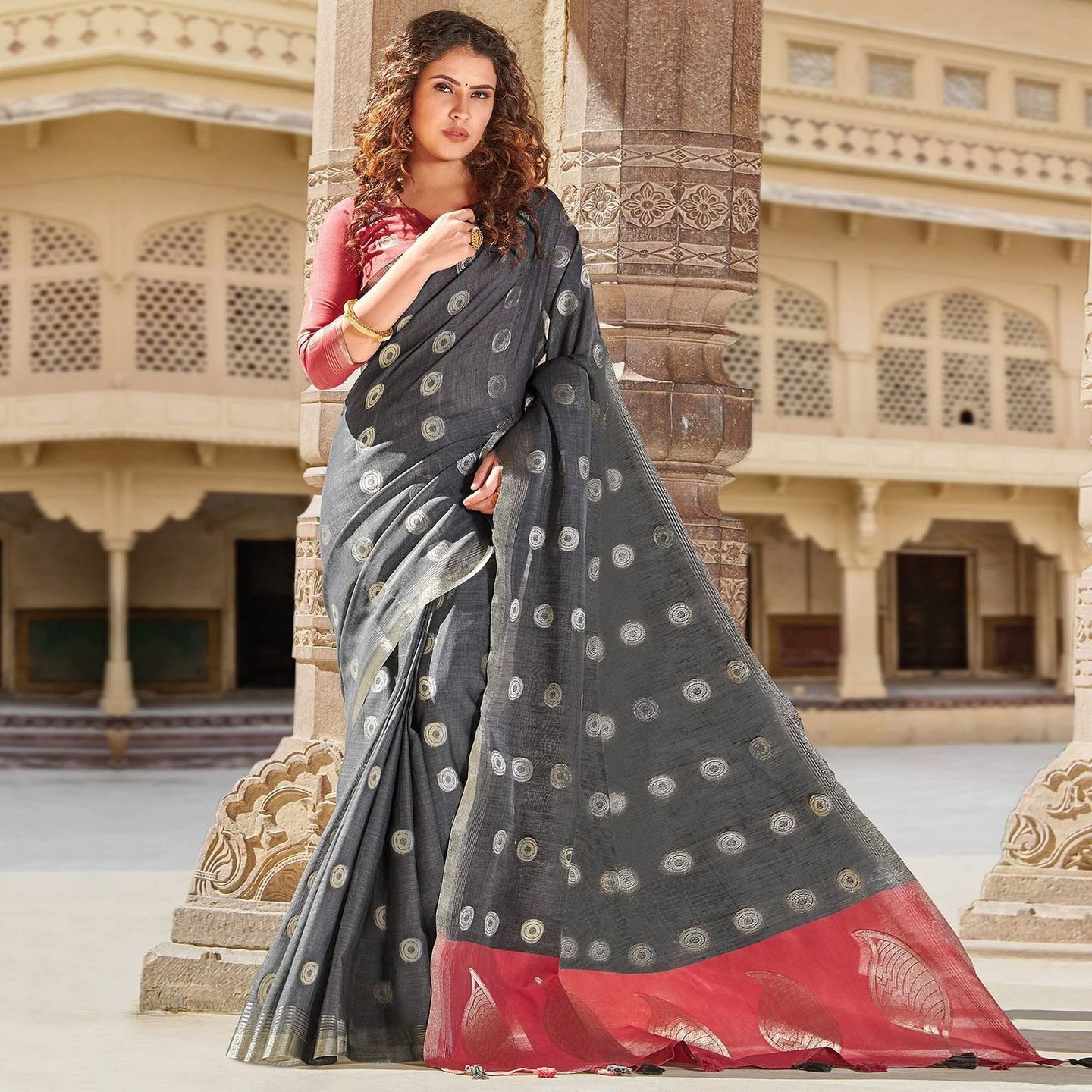 Grey Festive Wear Linen Cotton Saree With Tassels