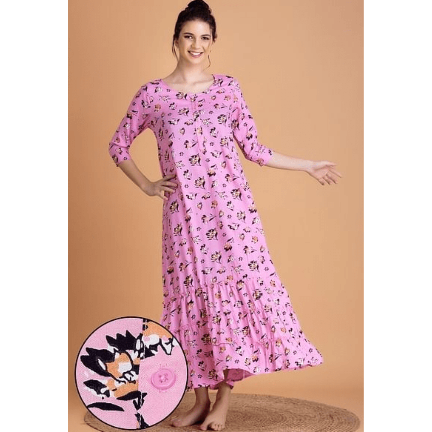 Pretty Florals Long Nighty in Baby Pink - Cotton Rich