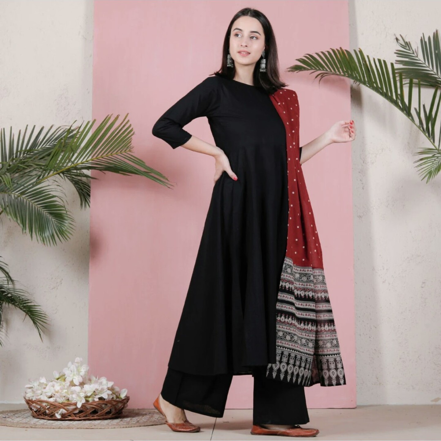 Black Flared Kurta Palazzo Set with Maroon Polka & Black Buta Dupatta