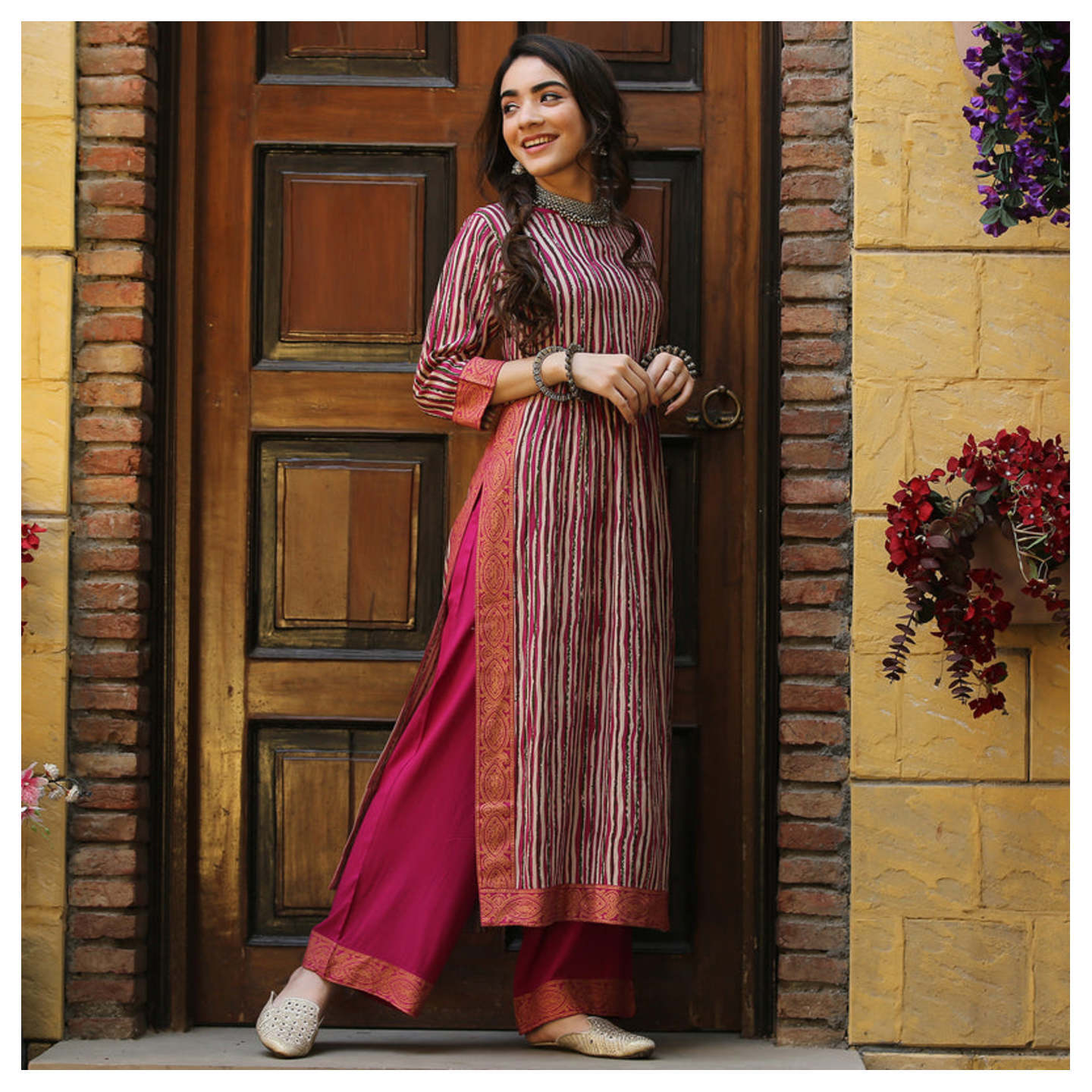 Multicolour Striped Front Gather Kurta Palazzo Set