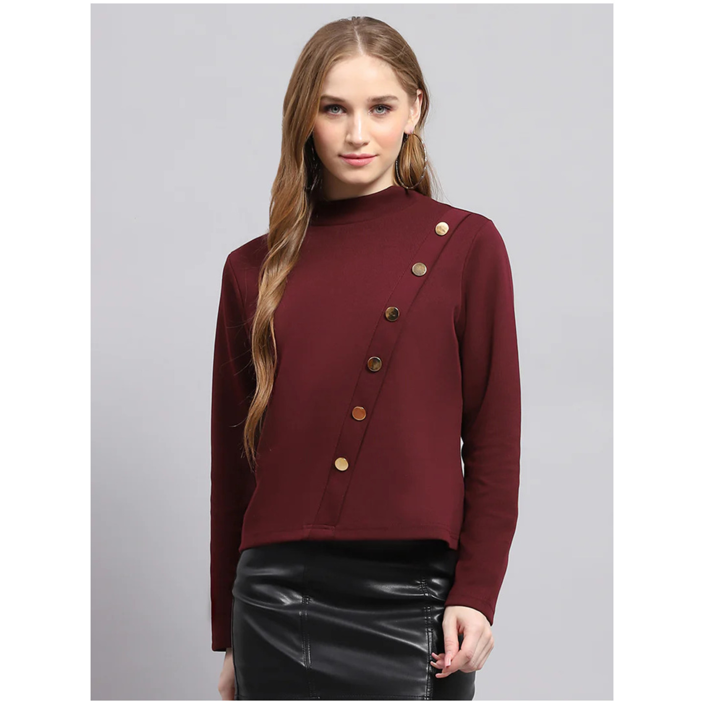 Women Maroon Solid Round Neck Full Sleeve Winter Tops