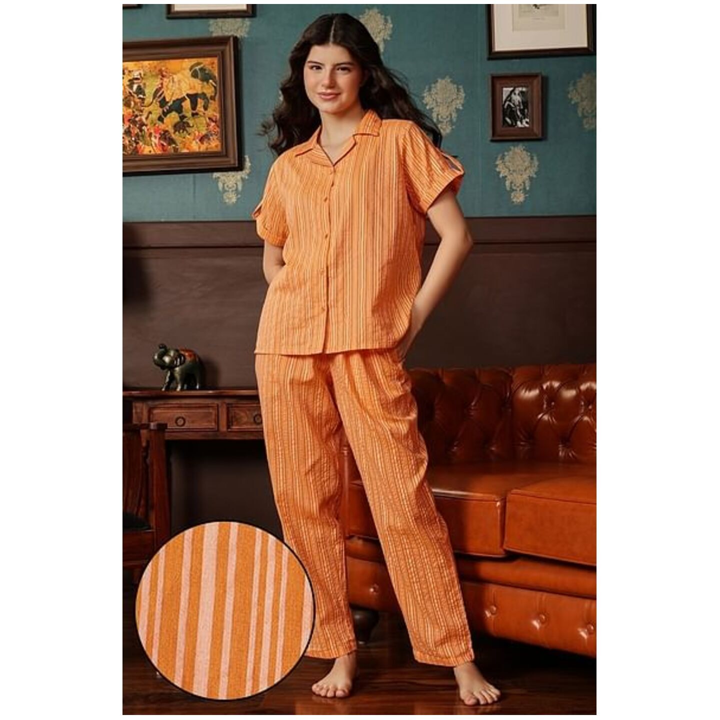Sassy Stripes Button Down Shirt & Pyjama in Rust Orange - Cotton 
