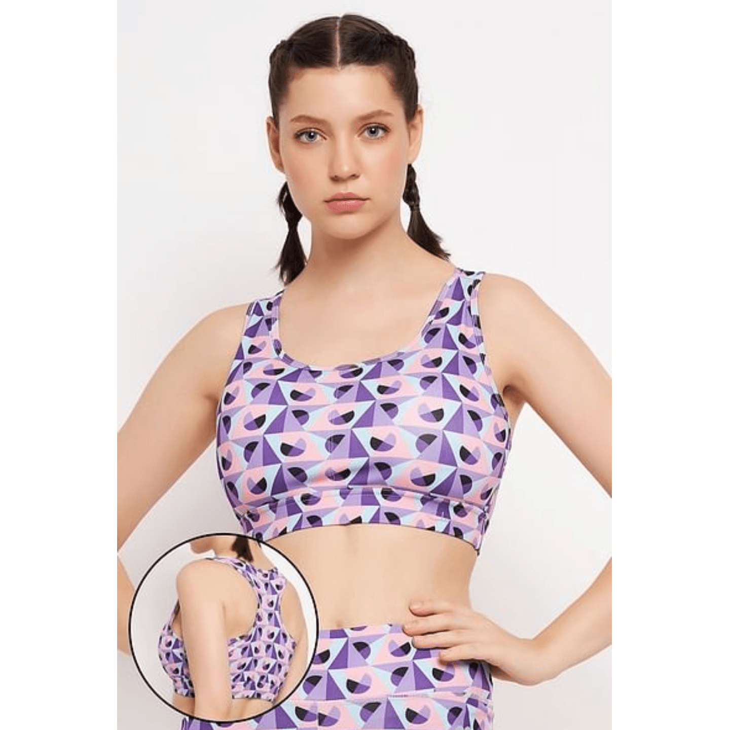 Medium Impact Padded Geometric Print Racerback Active Sports Bra in Purple with Removable Cups 