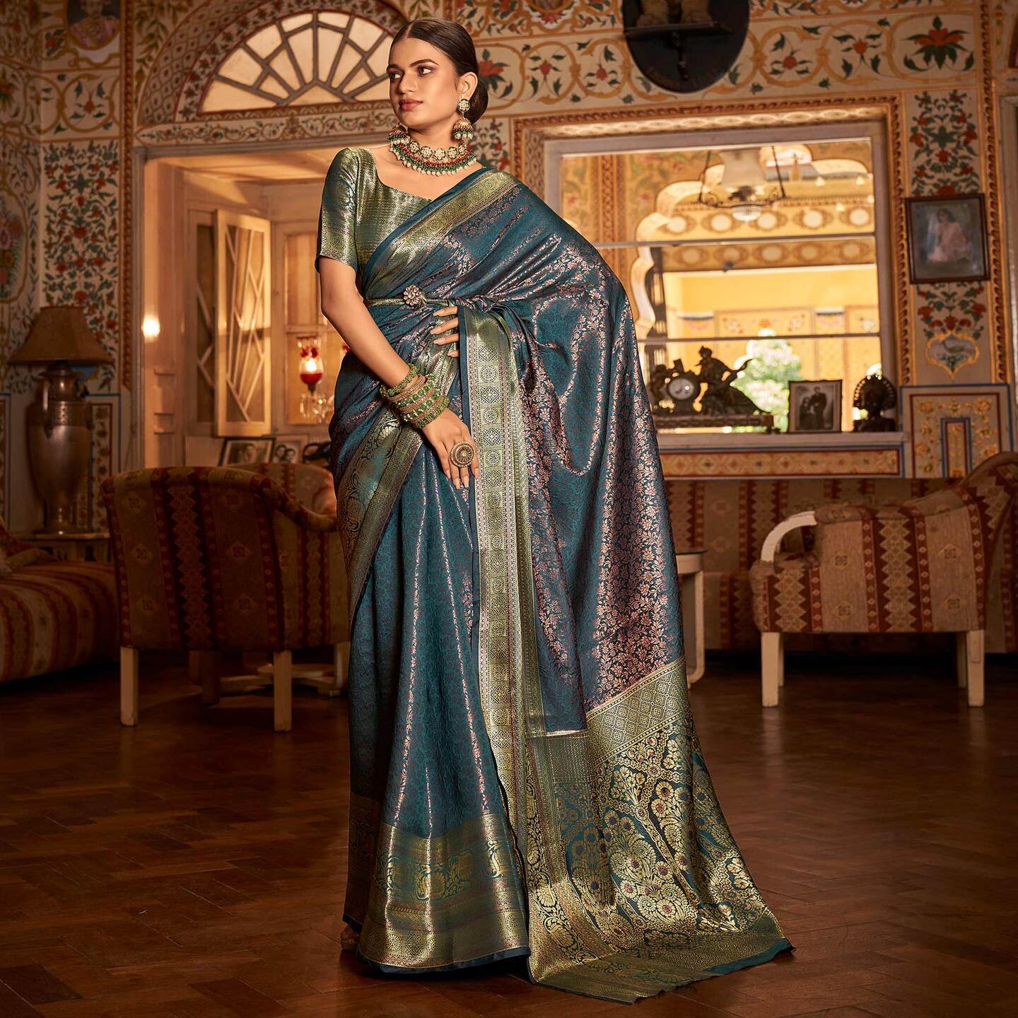 Blue Woven Kanjivaran Silk Saree  Size- Free Size