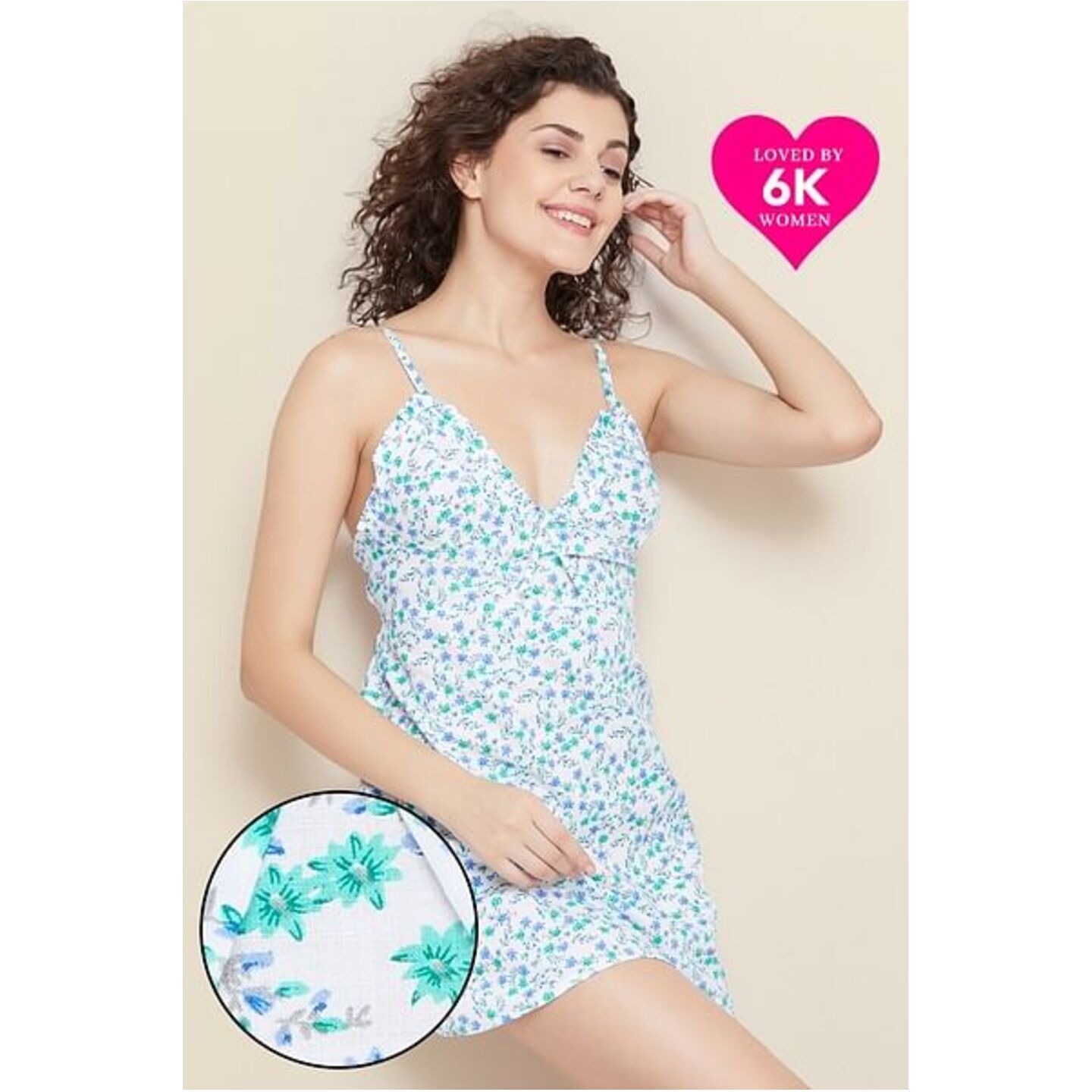 Pretty Florals Short Nightdress in White- 100 Cotton