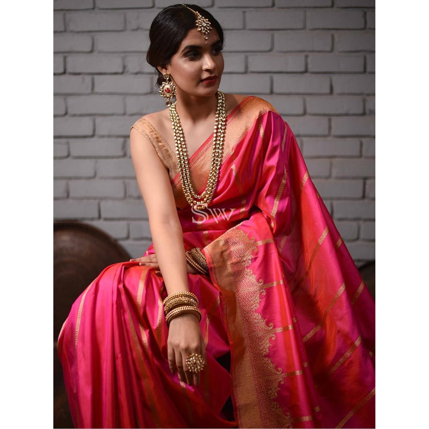 Magenta Orange Stripes Katan Silk Handloom Banarsi Saree