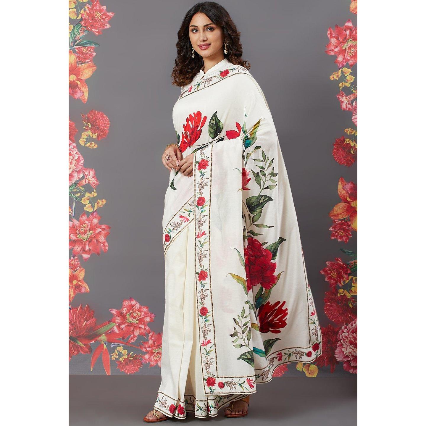 Rohit Bal Off White Chanderi Silk Saree With Blouse