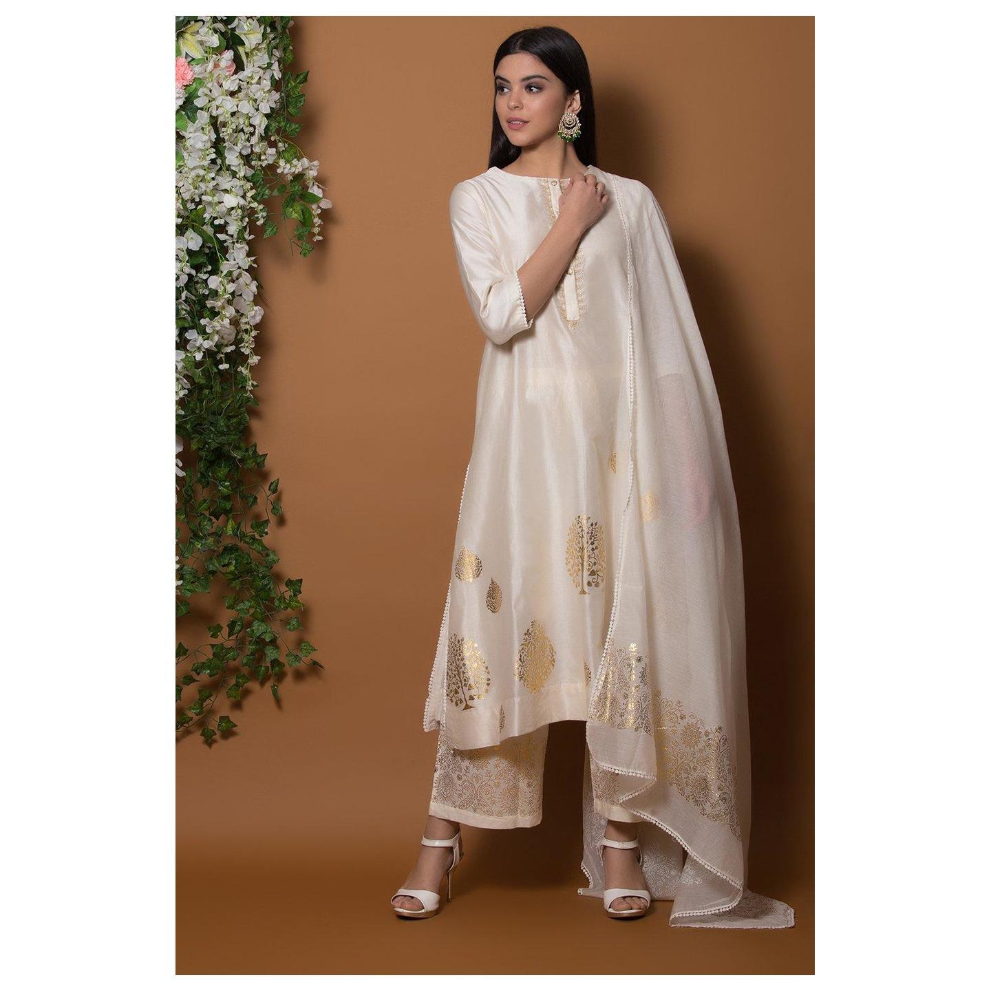 Ivory Cotton Silk A Line Suit Set By Anju Modi