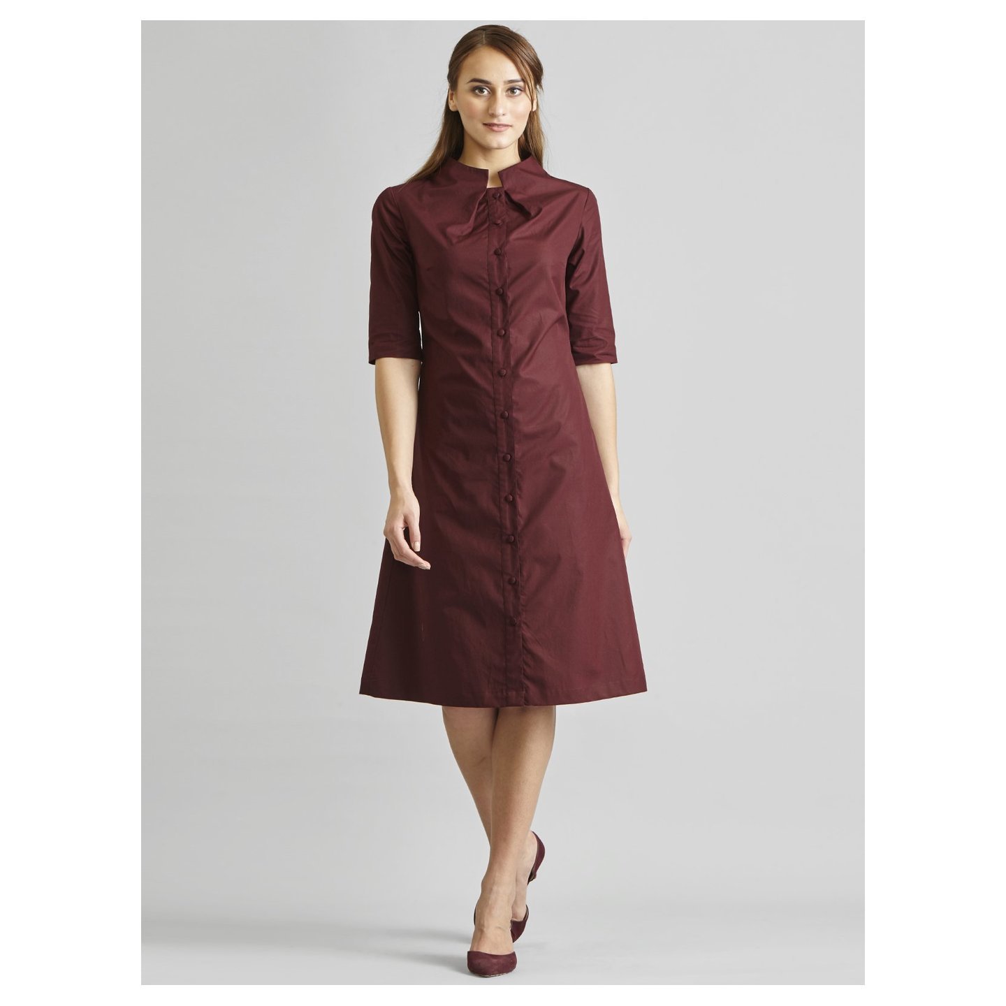 Raised Pleated Neck Shirt Dress - Maroon Without Belt