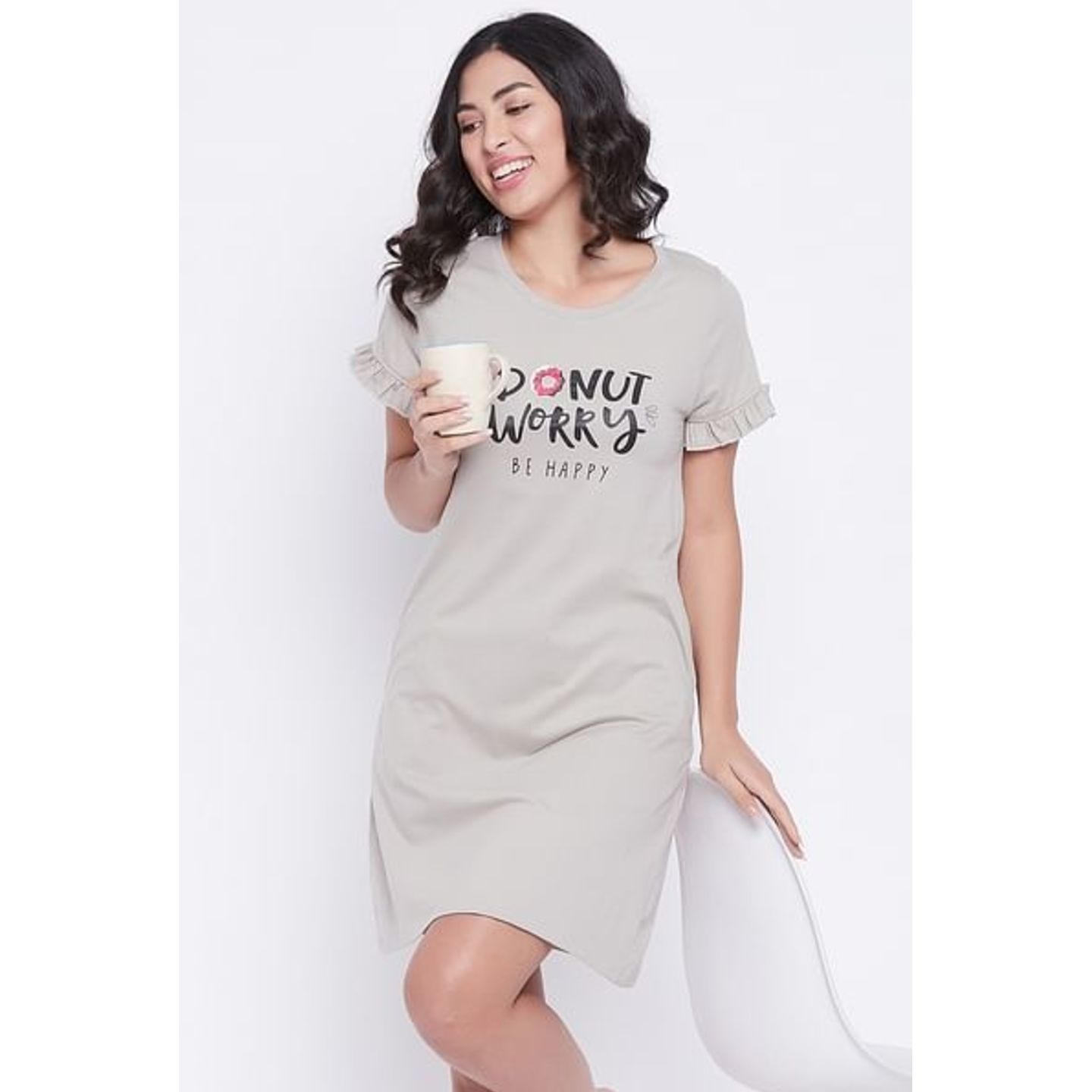 Donut Text Short Night Dress in Light Grey - 100% Cotton