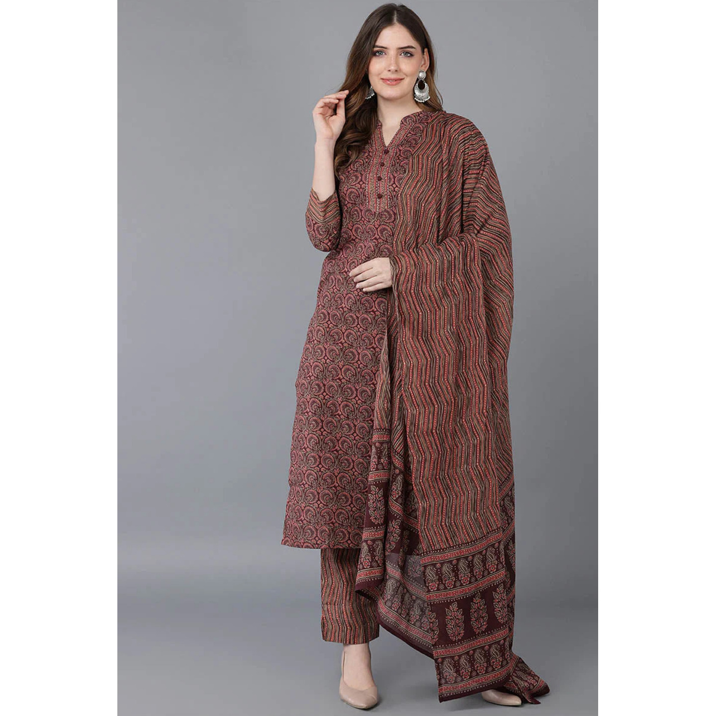 Womens Cotton Blend Printed Kurta Pants With Dupatta - Ahika