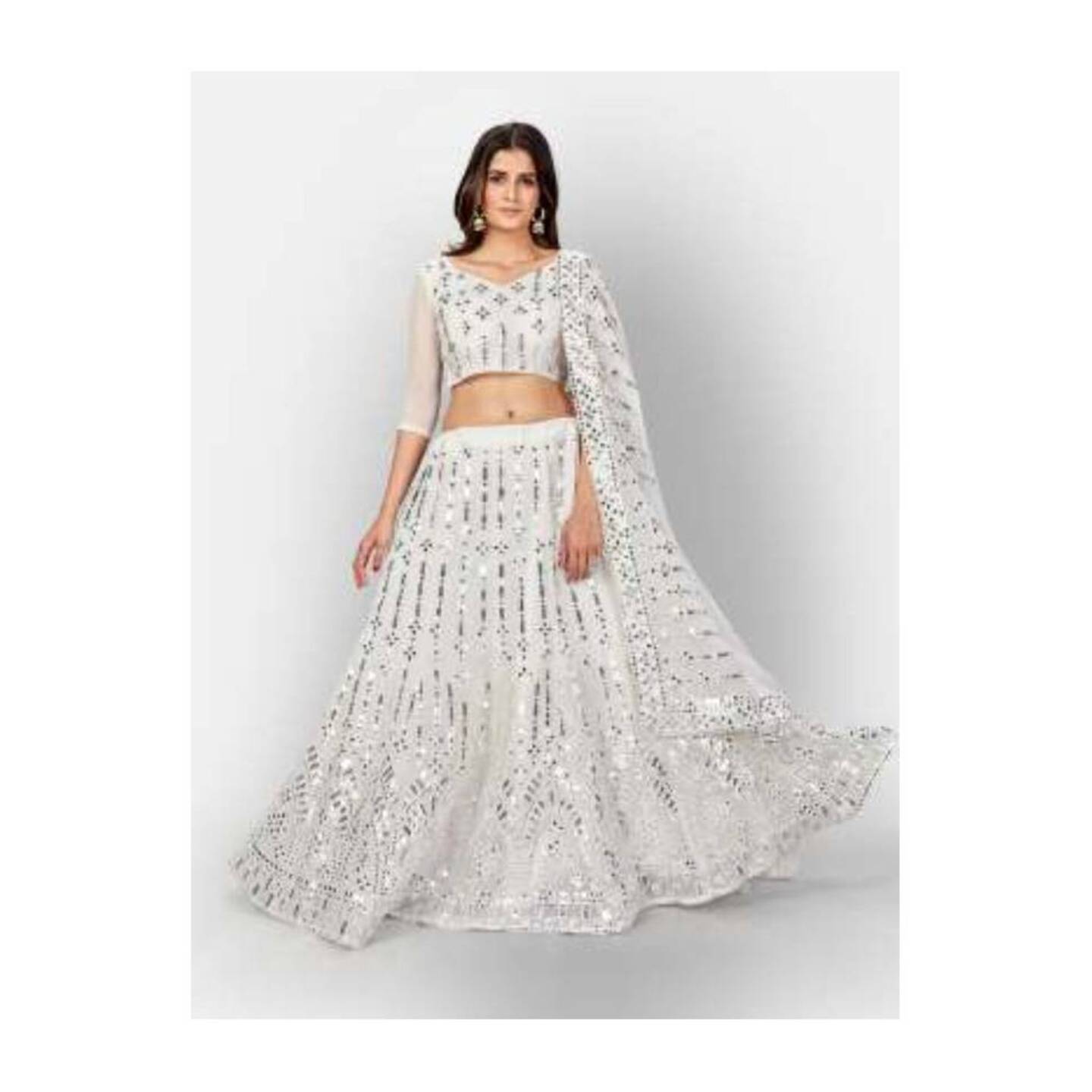 Shop garb georgette silver embellished and mirror foil work white circular lehenga choli