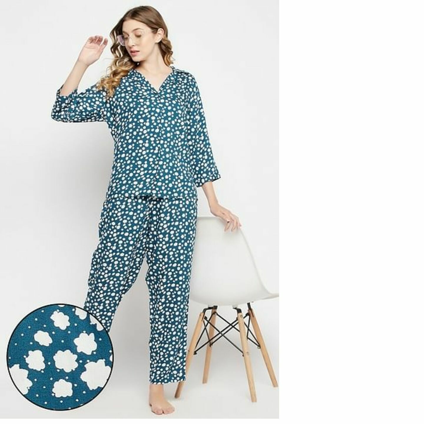 Cloud Print Button Down Shirt & Pyjama Set in Navy - Rayon