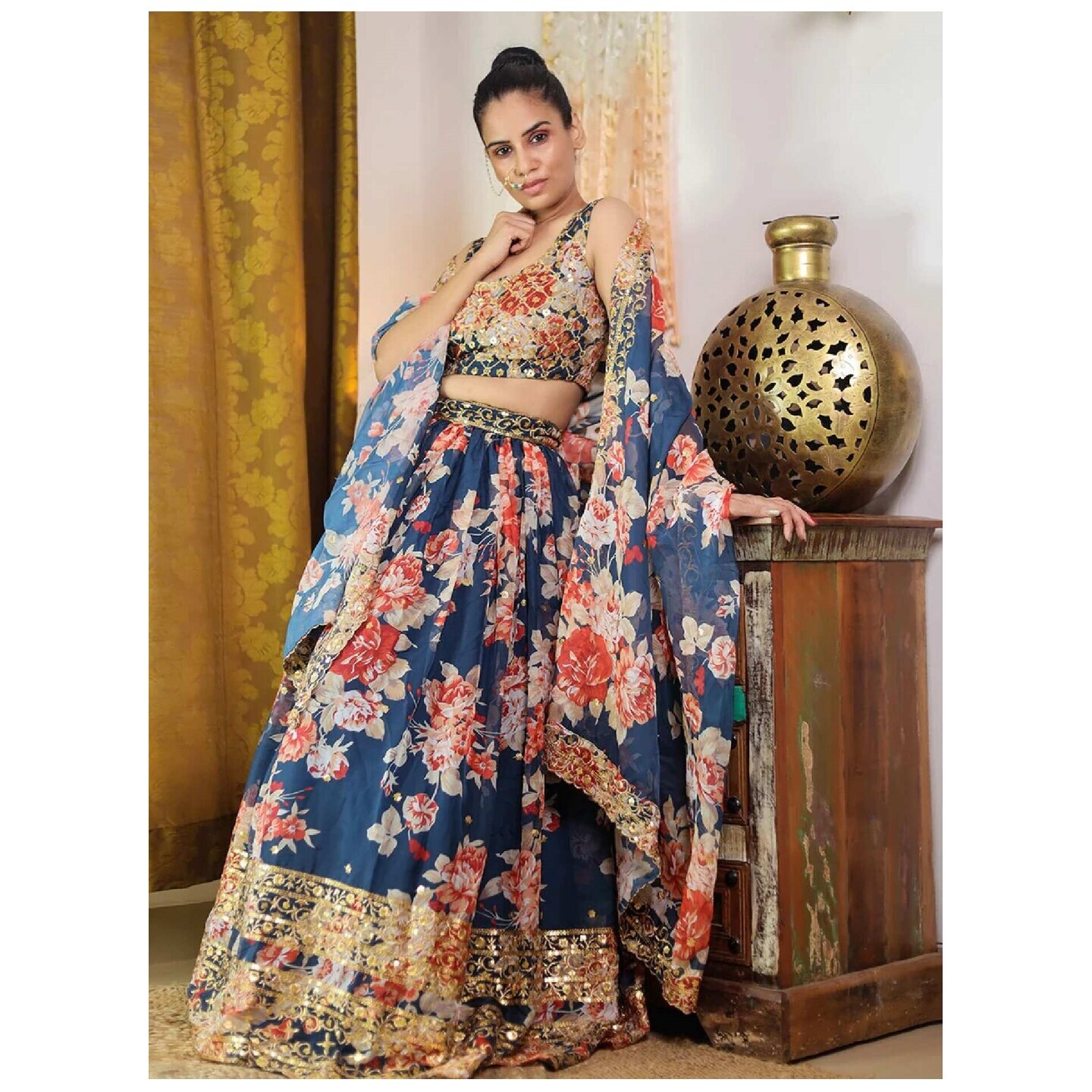 Dark Blue Floral Printed  Semi Stitched  Lehenga  With Unstitched  Blouse