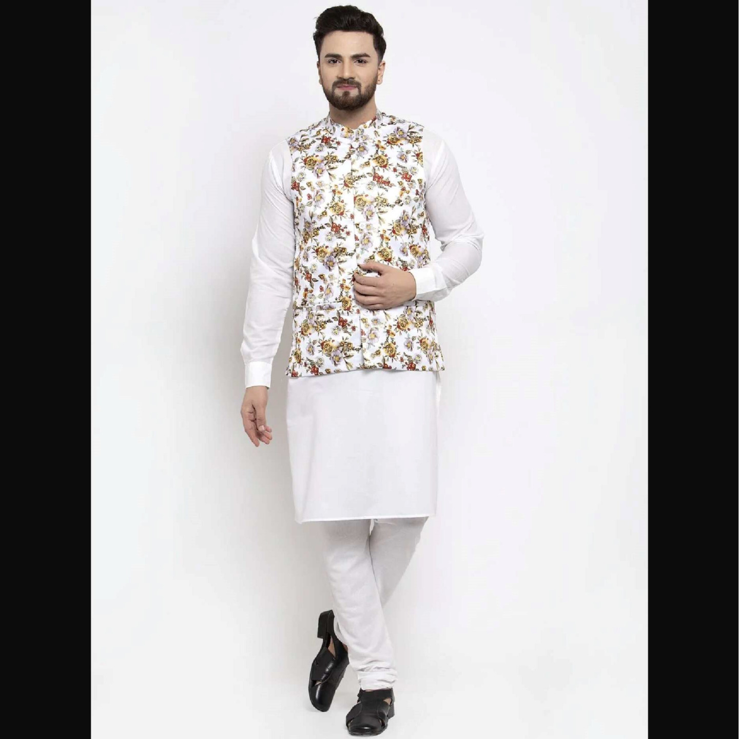 Men's White Solid Kurta with Churidar & White Printed Nehru Jacket by Virat Fashions (3pc Set)