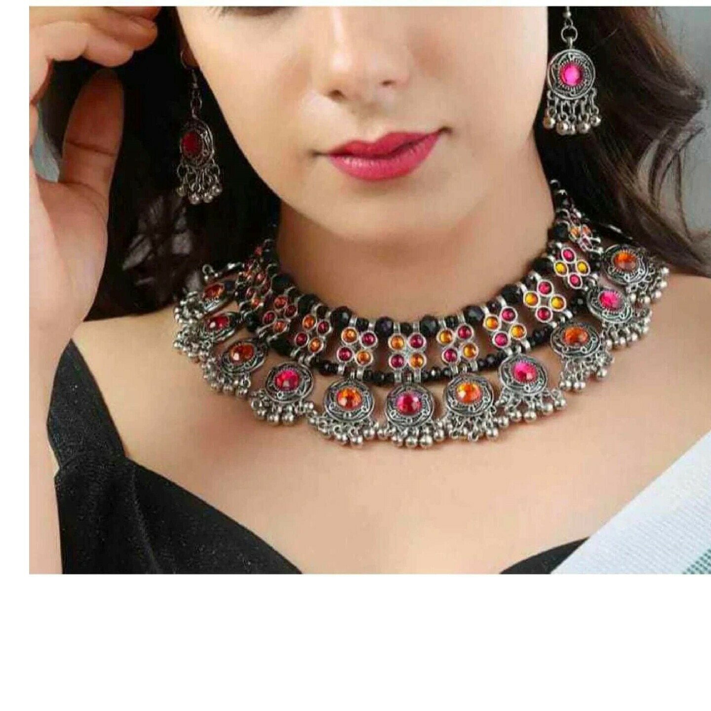 Women's Stylish Oxidised Silver Choker Set - Zaffre Collections