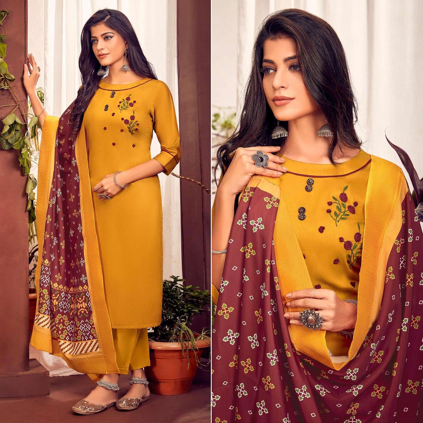 Mustard Yellow Party Wear Embroidered Cotton Kurti Pant Set With Dupatta 