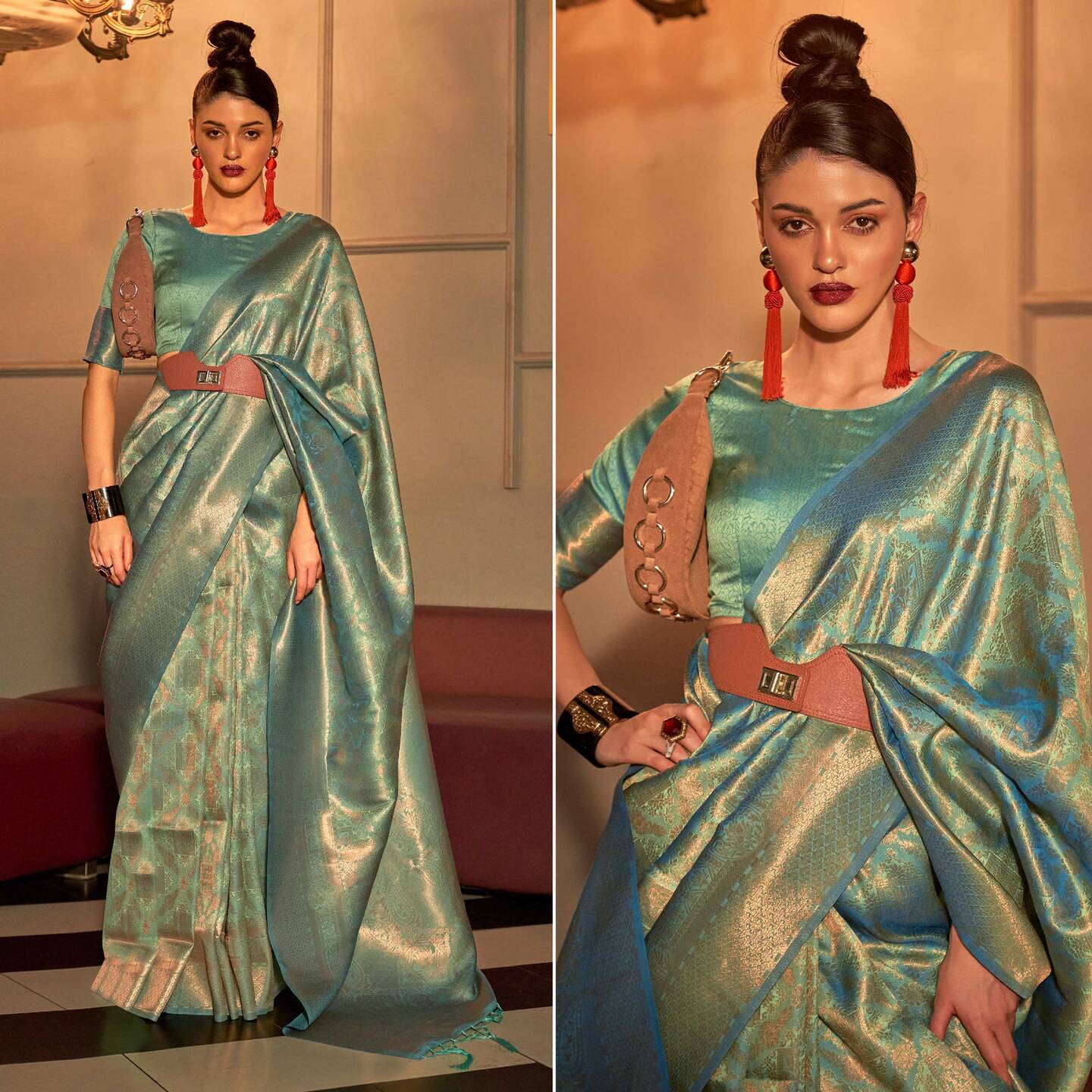 Light Pista Green Woven Art Silk Saree With Tassels 