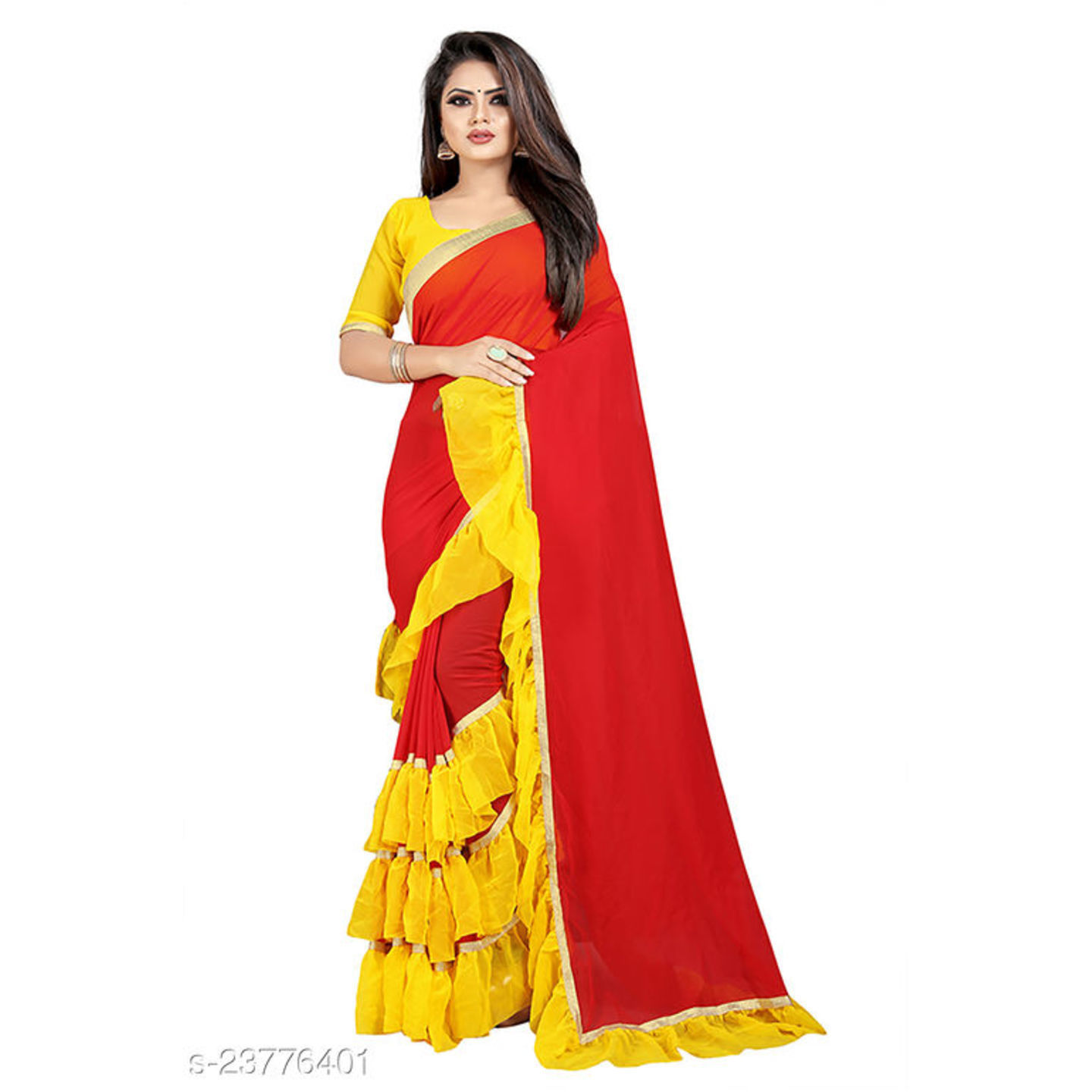 Women's Red-Yellow Georgette Ruffle Saree