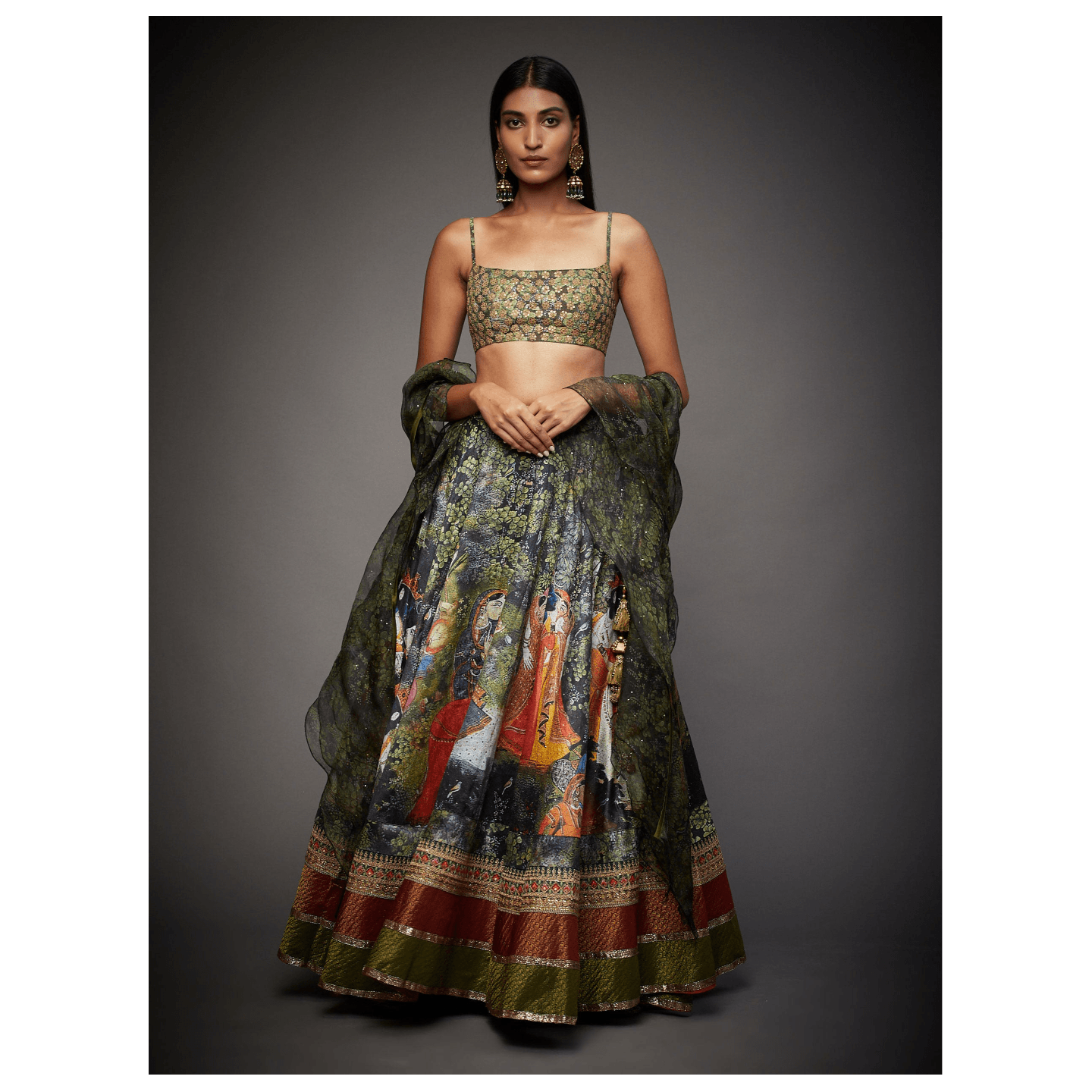Khaki Green & Multi Colored Vrindavan Embroidered Lehenga Set