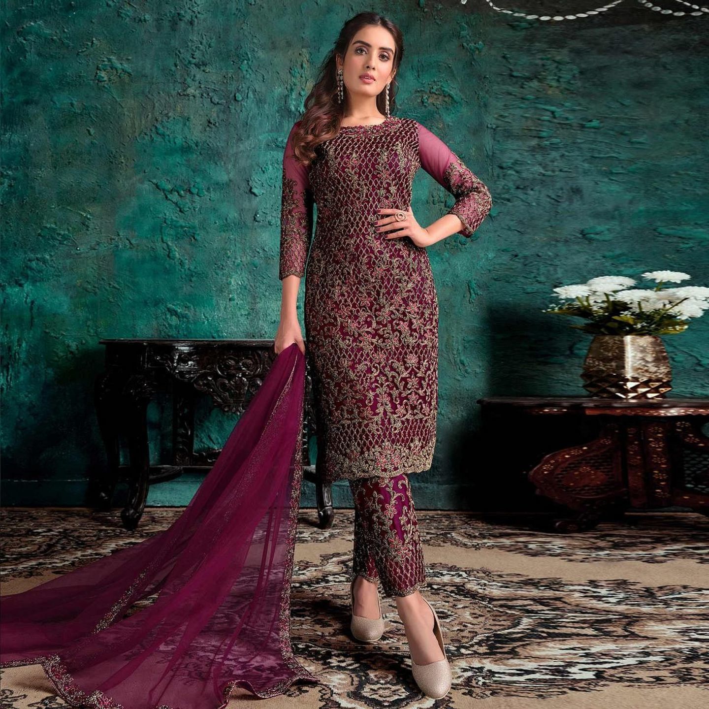 Embroidered Work Soft Net Suit Size- Semi-Stitched