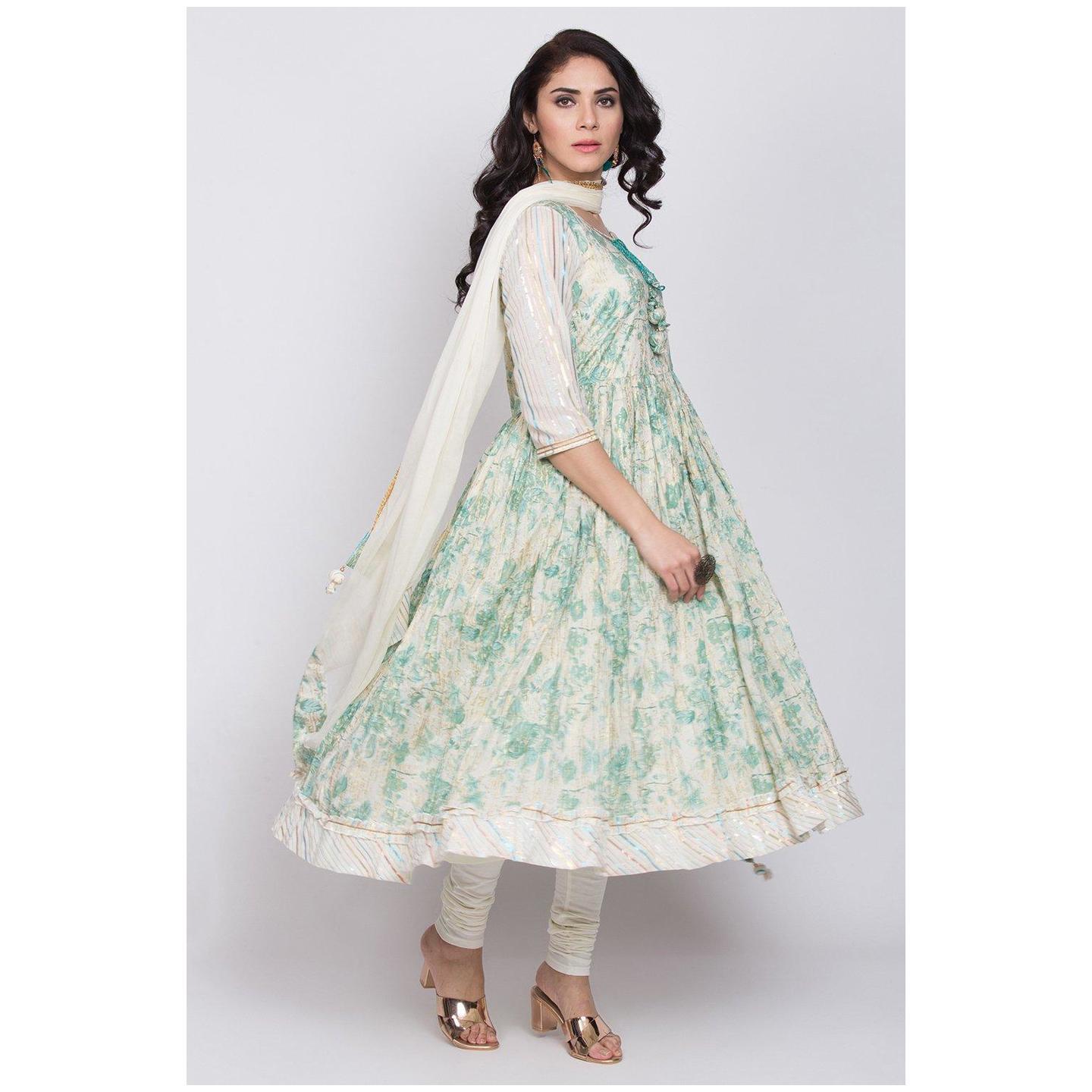 Off White And Teal Blue Cotton Anarkali Suit Set