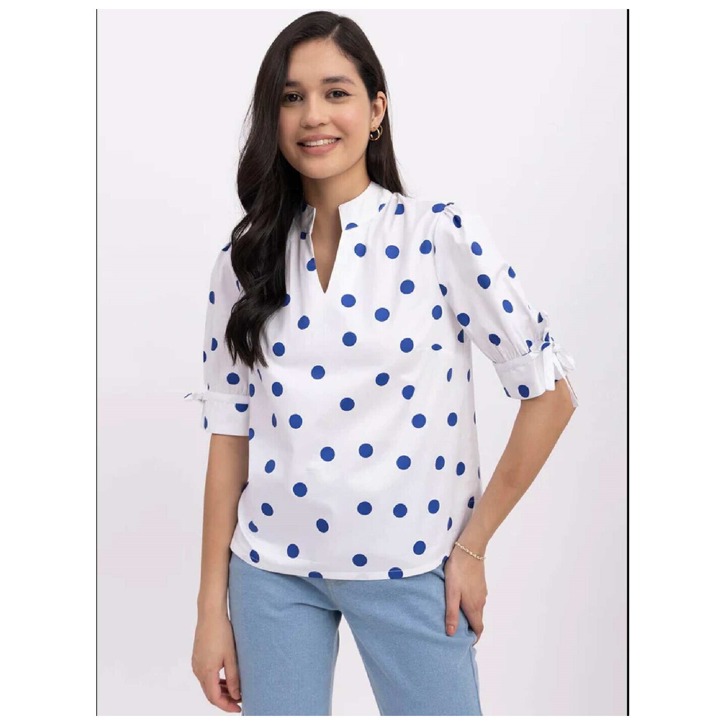 Cotton Polka Dot Top - White And Blue 