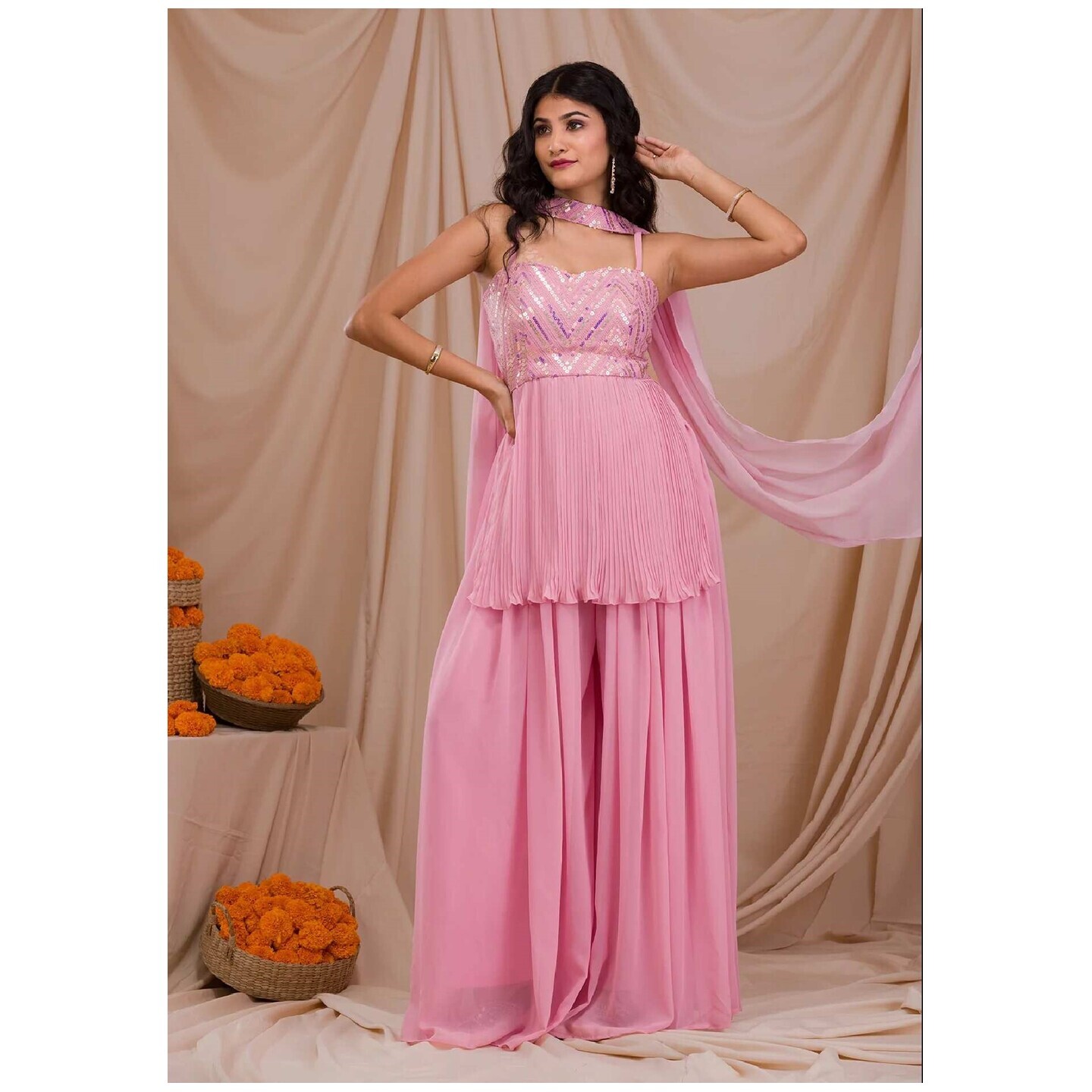 Onion Pink Sequins Georgette Readymade Sharara Suit