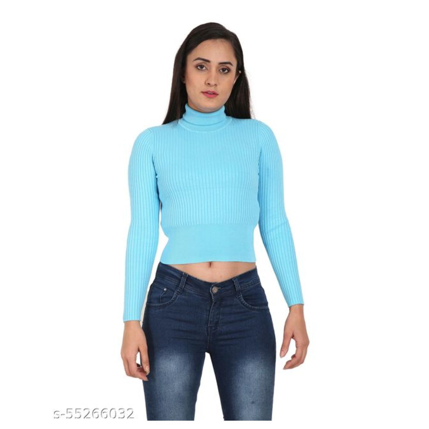 MansiCollections Women's Viscose High Neck Full Sleeve Rib Knit Blue Sweater 