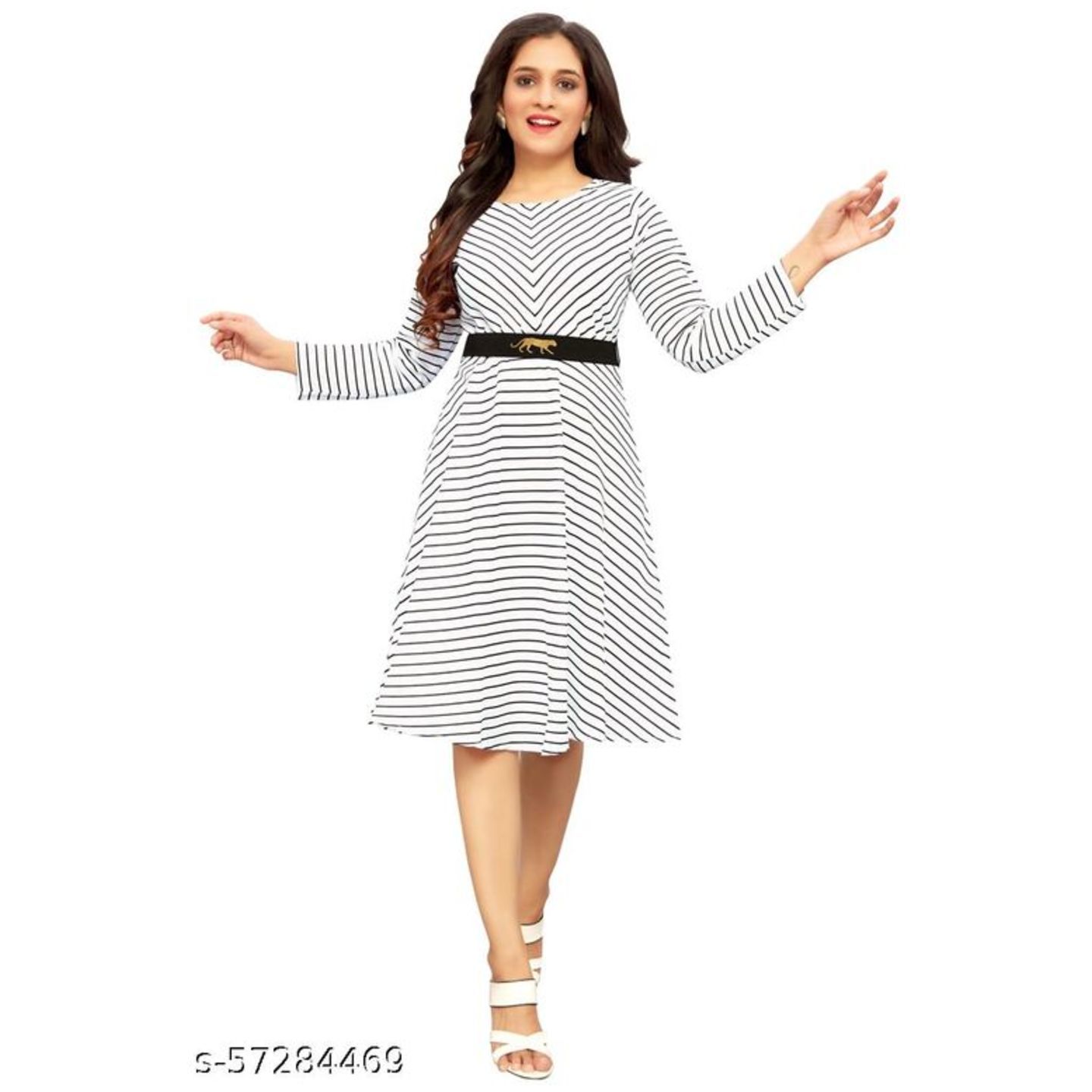 Boddh Women's Fit And Flare Fancy western cotton Midi Stripe Lining Dress