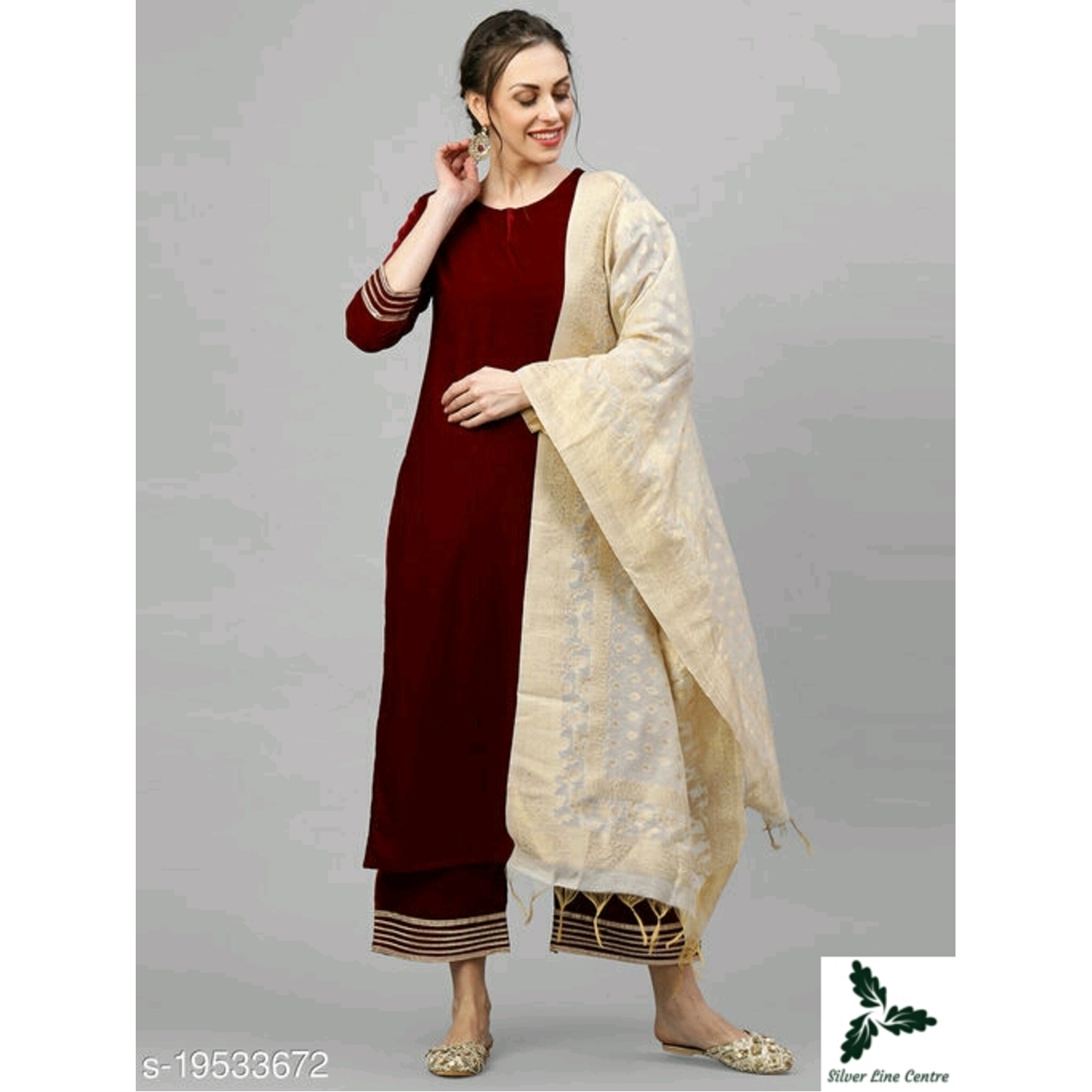 Indo Era Maroon Velvet Kurta Plazzo with Dupatta Set