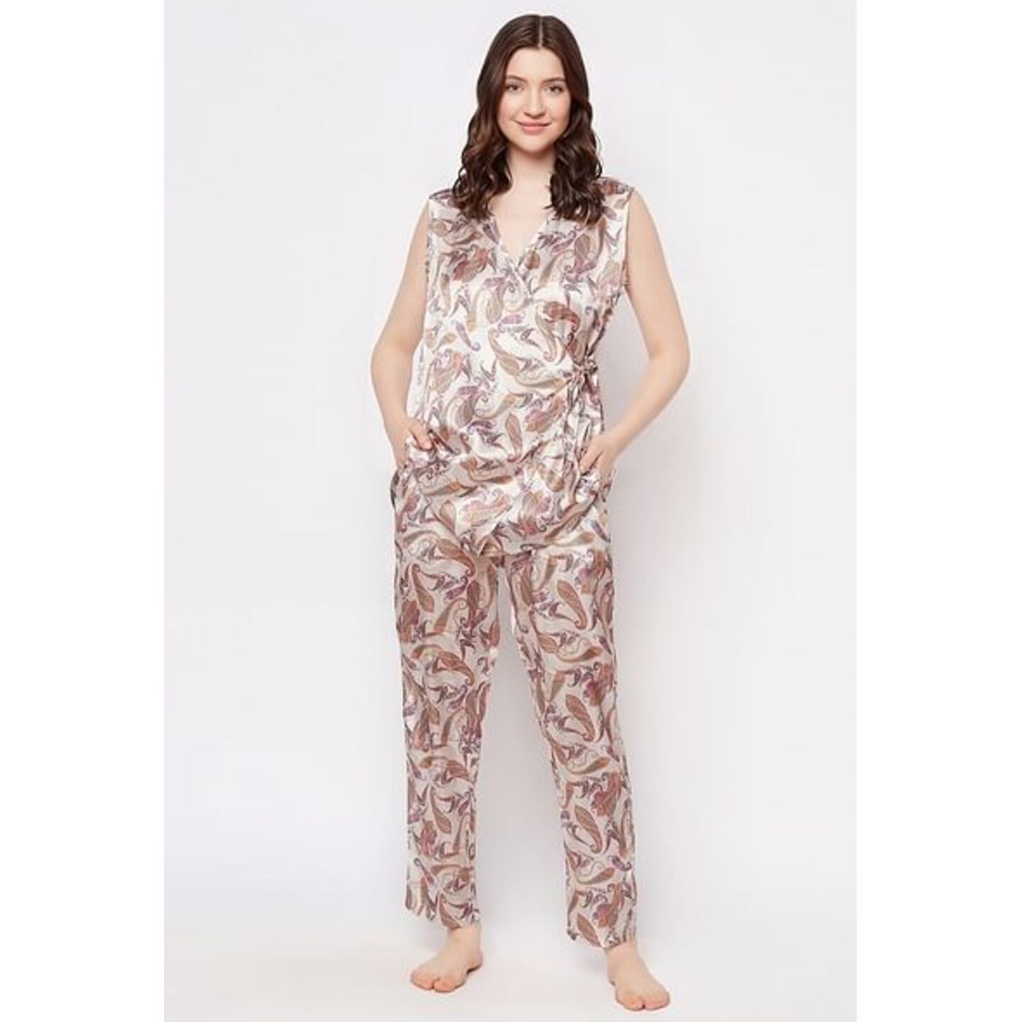 Paisley Print Angrakha Top & Pyjama Set in Cream Colour - Satin 