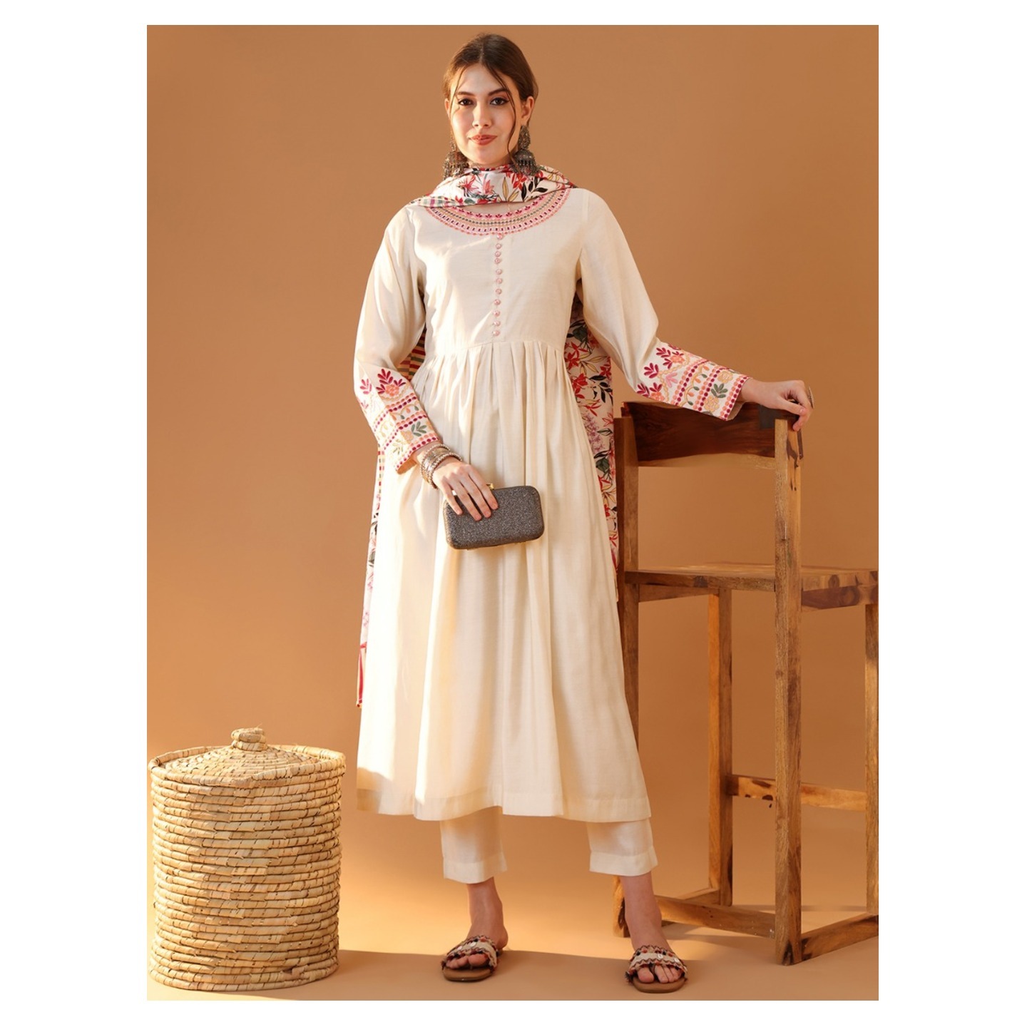 Round Neck Thread Work Chanderi Cotton Anarkali Kurta & Trouser & Dupatta 