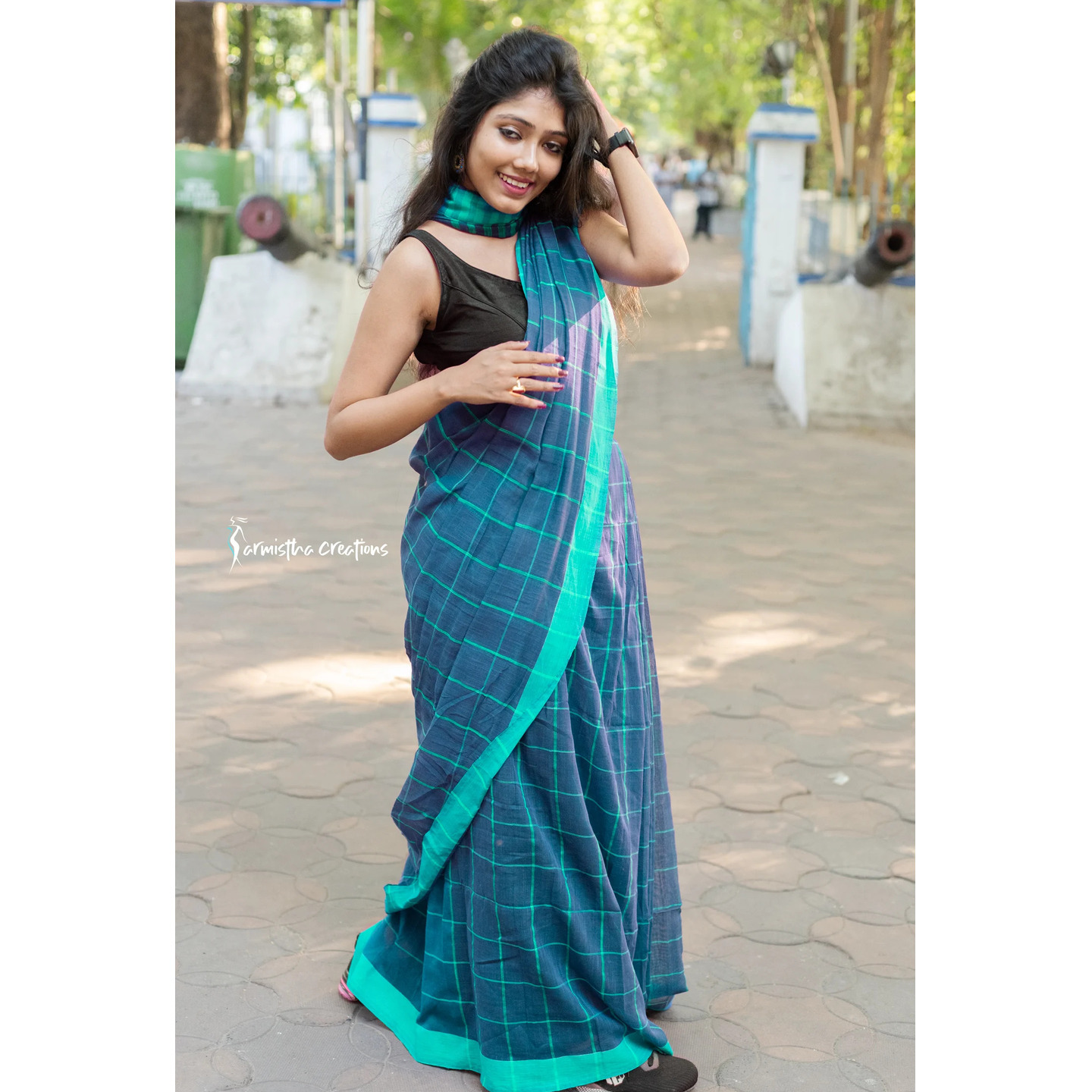 Handloom Cotton Saree Forest Green with Checks